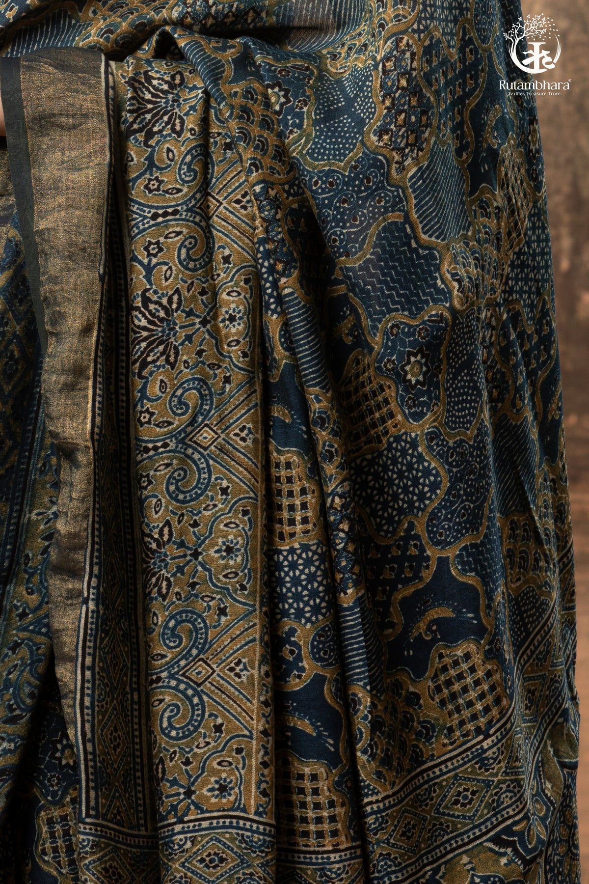 Ushraa - Ajrakh Hand Block Printed Indigo Cotton Silk Saree With Gold Zari Border