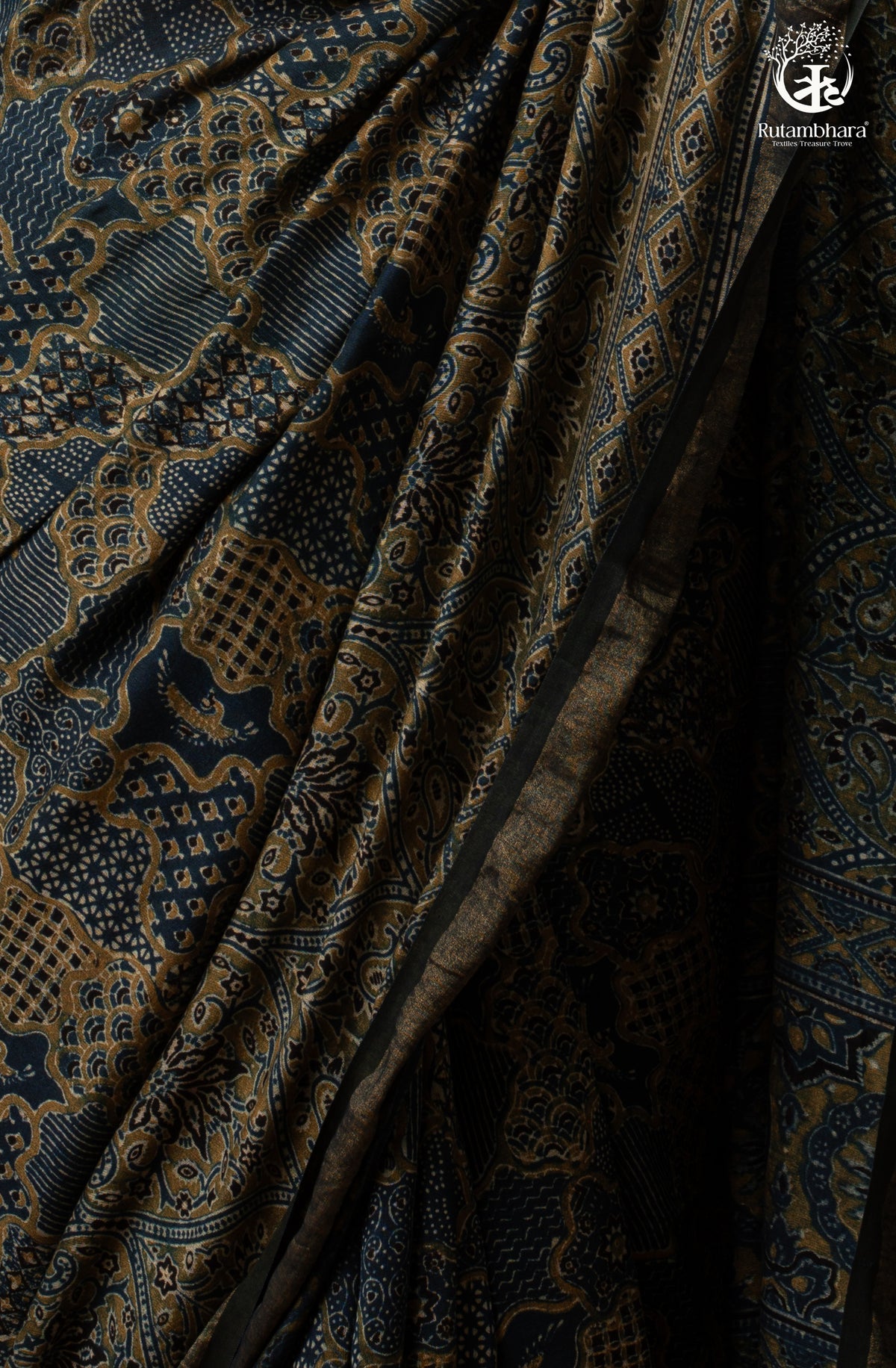 Ushraa - Ajrakh Hand Block Printed Indigo Cotton Silk Saree With Gold Zari Border