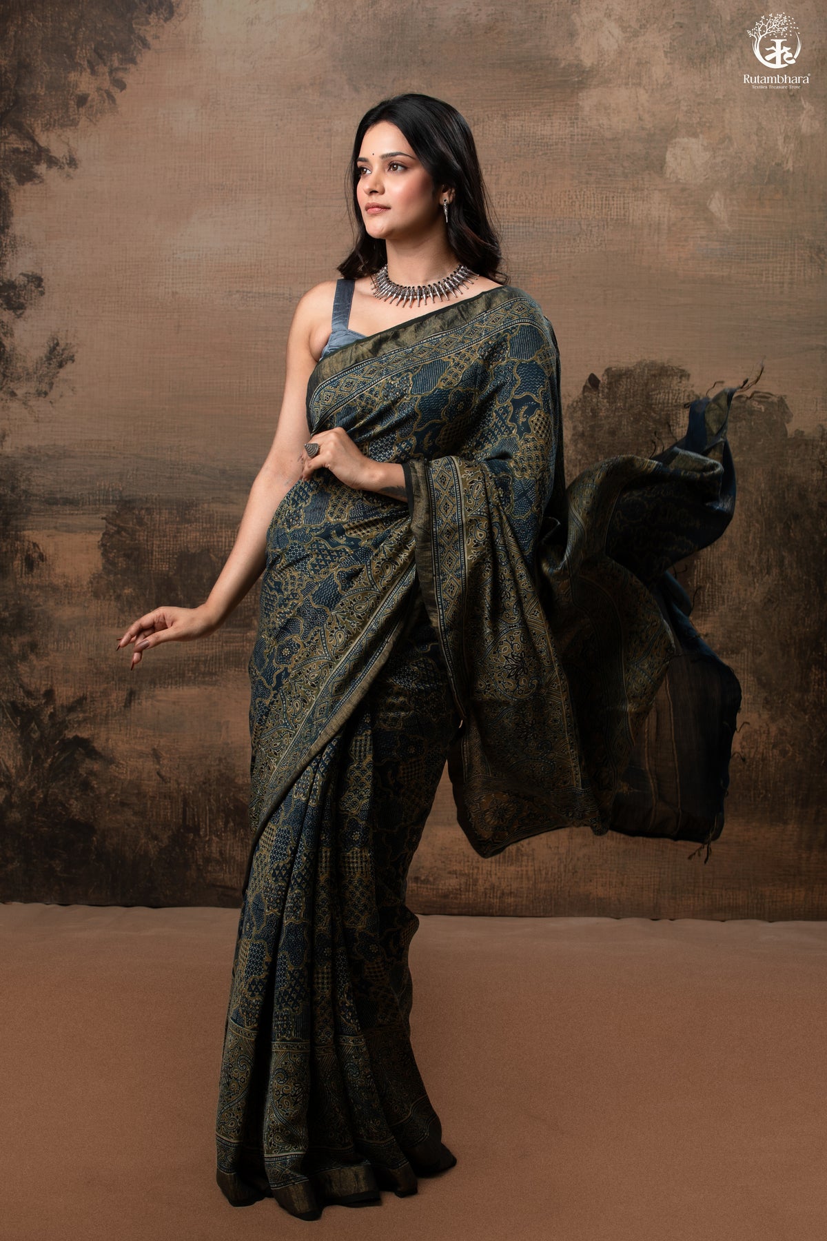 Ushraa - Ajrakh Hand Block Printed Indigo Cotton Silk Saree With Gold Zari Border