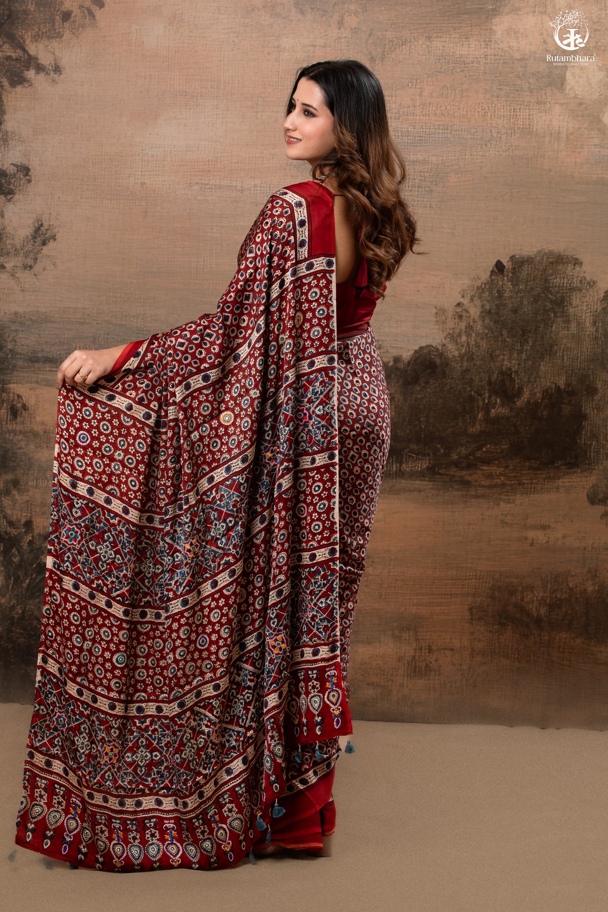 Ushraa - Deep Red Ajrakh Modal Silk Saree With Hand-Embroidered Pallu