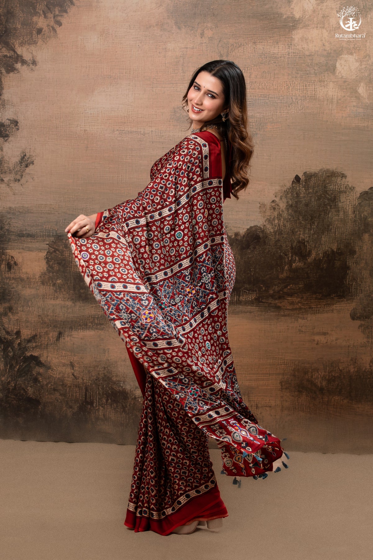 Ushraa - Deep Red Ajrakh Modal Silk Saree With Hand-Embroidered Pallu