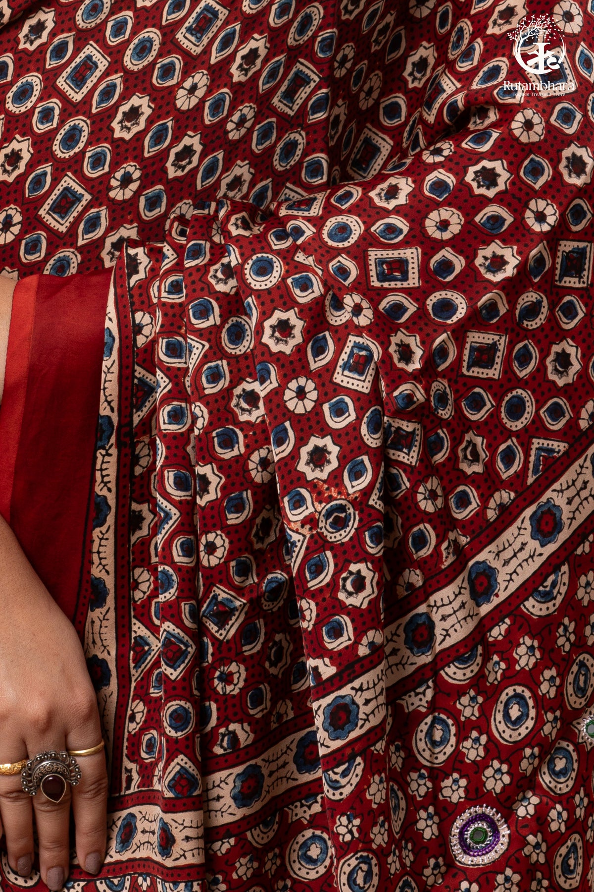 Ushraa - Deep Red Ajrakh Modal Silk Saree With Hand-Embroidered Pallu