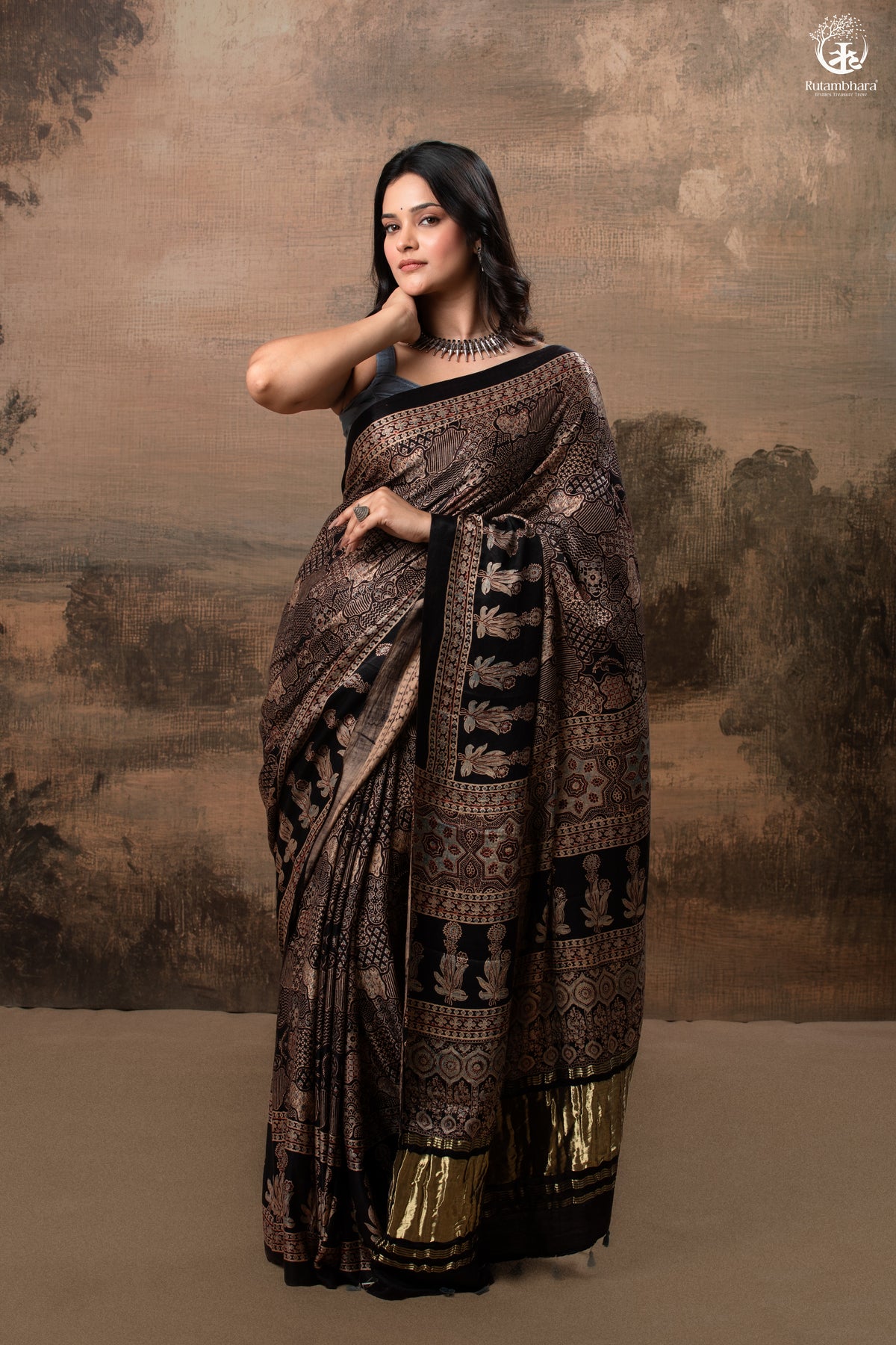 Ushraa - Ajrakh Hand Block Printed Black Modal Silk Saree With Gold Zari Border
