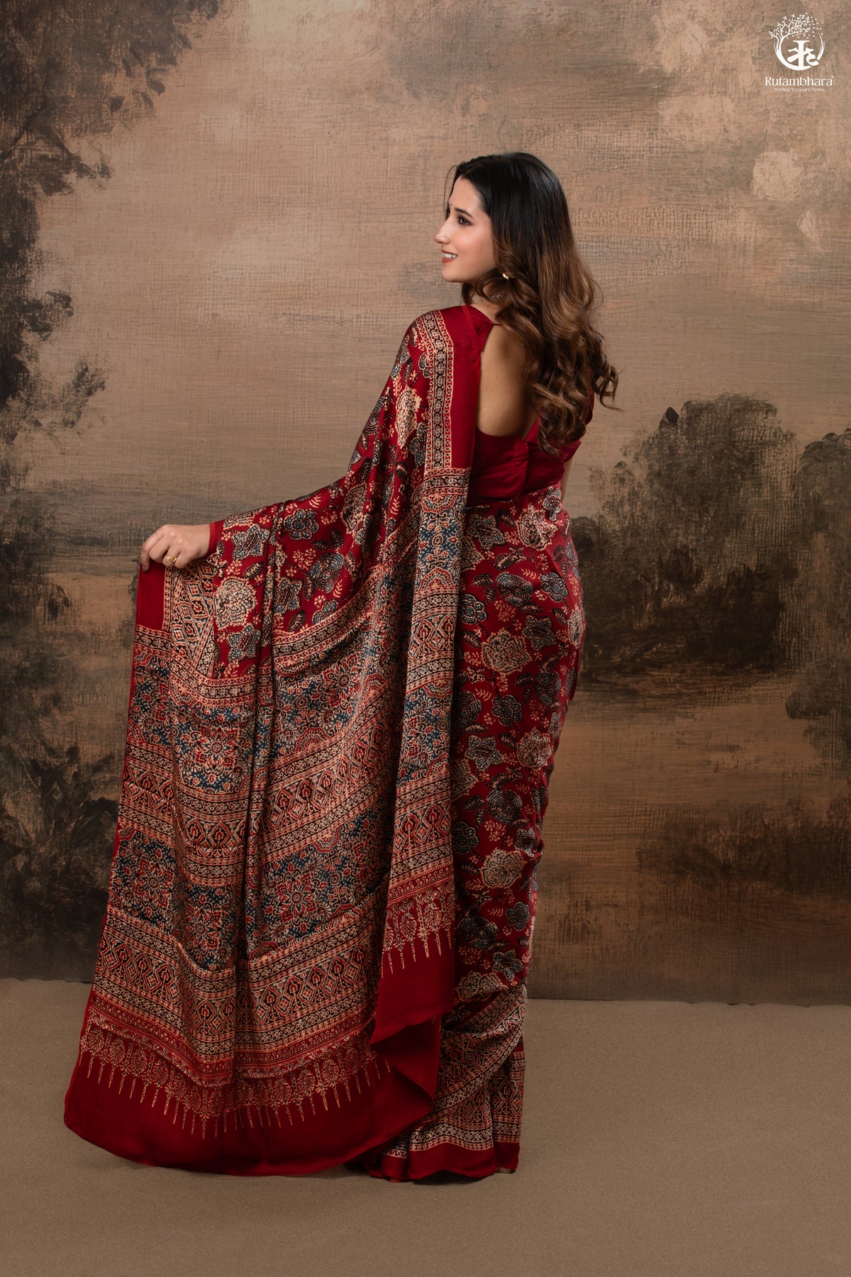 Ushraa - Regal Deep Red Maroon Ajrakh Elegance in Modal Silk