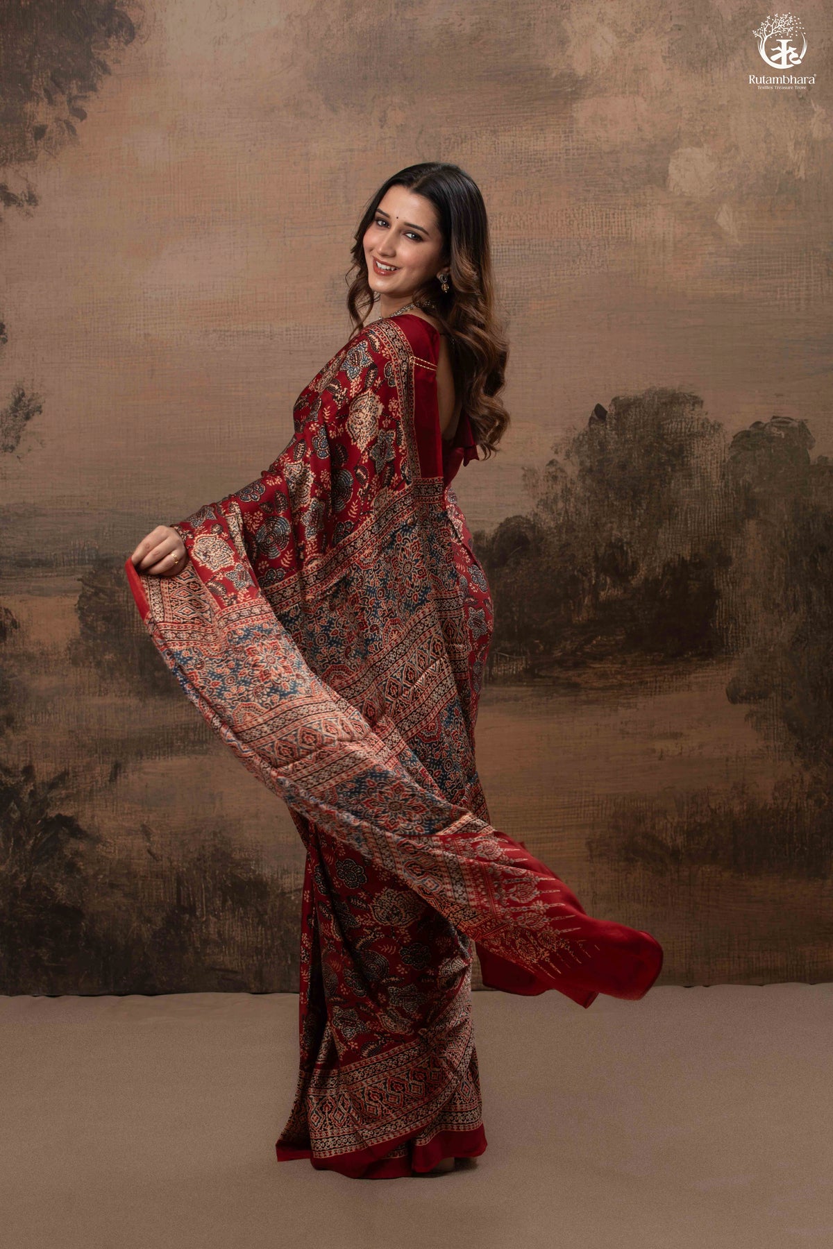 Ushraa - Regal Deep Red Maroon Ajrakh Elegance in Modal Silk