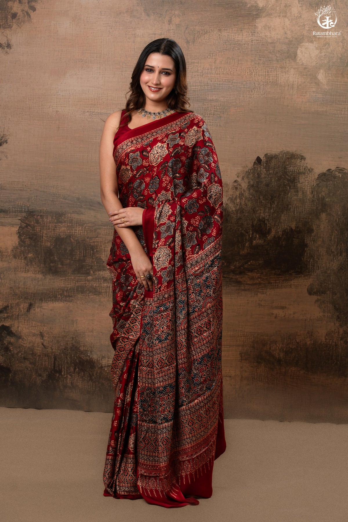 Ushraa - Regal Deep Red Maroon Ajrakh Elegance in Modal Silk