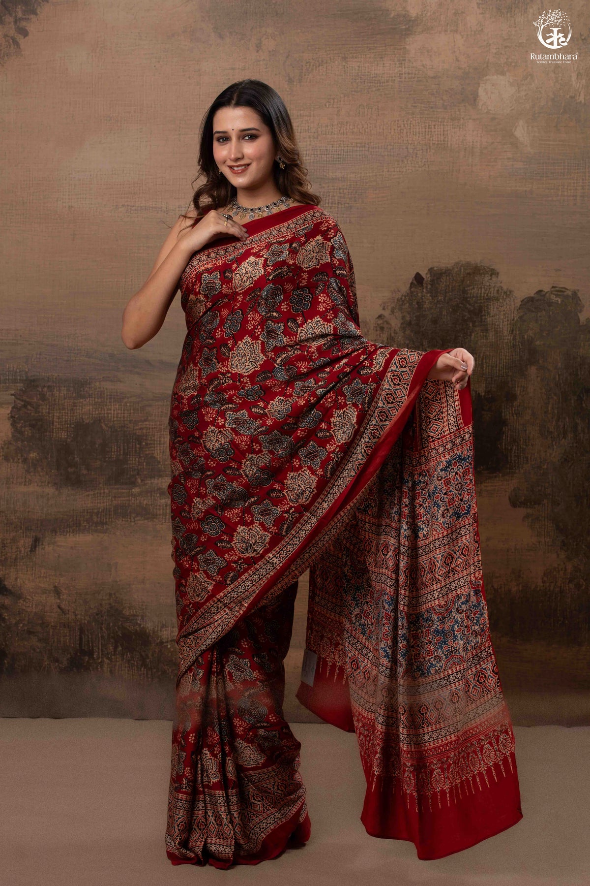 Ushraa - Regal Deep Red Maroon Ajrakh Elegance in Modal Silk