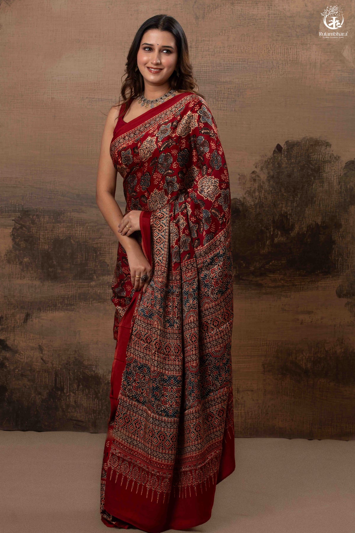 Ushraa - Regal Deep Red Maroon Ajrakh Elegance in Modal Silk
