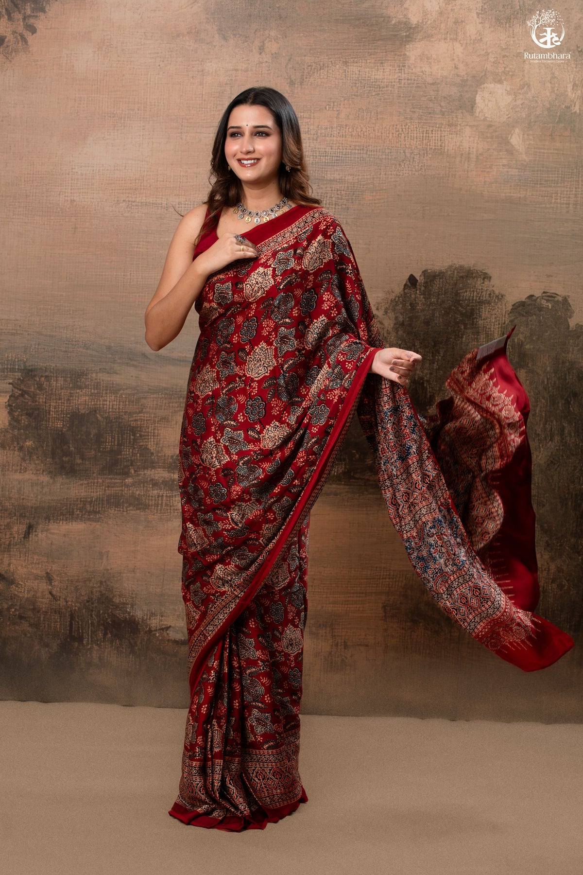 Ushraa - Regal Deep Red Maroon Ajrakh Elegance in Modal Silk