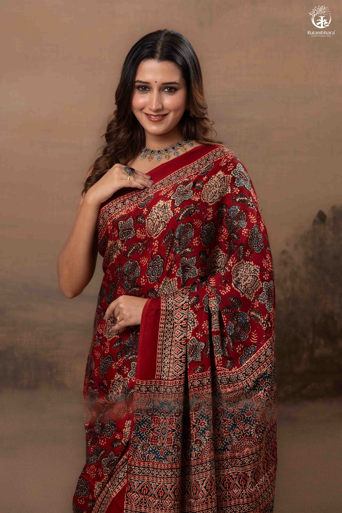 Ushraa - Regal Deep Red Maroon Ajrakh Elegance in Modal Silk