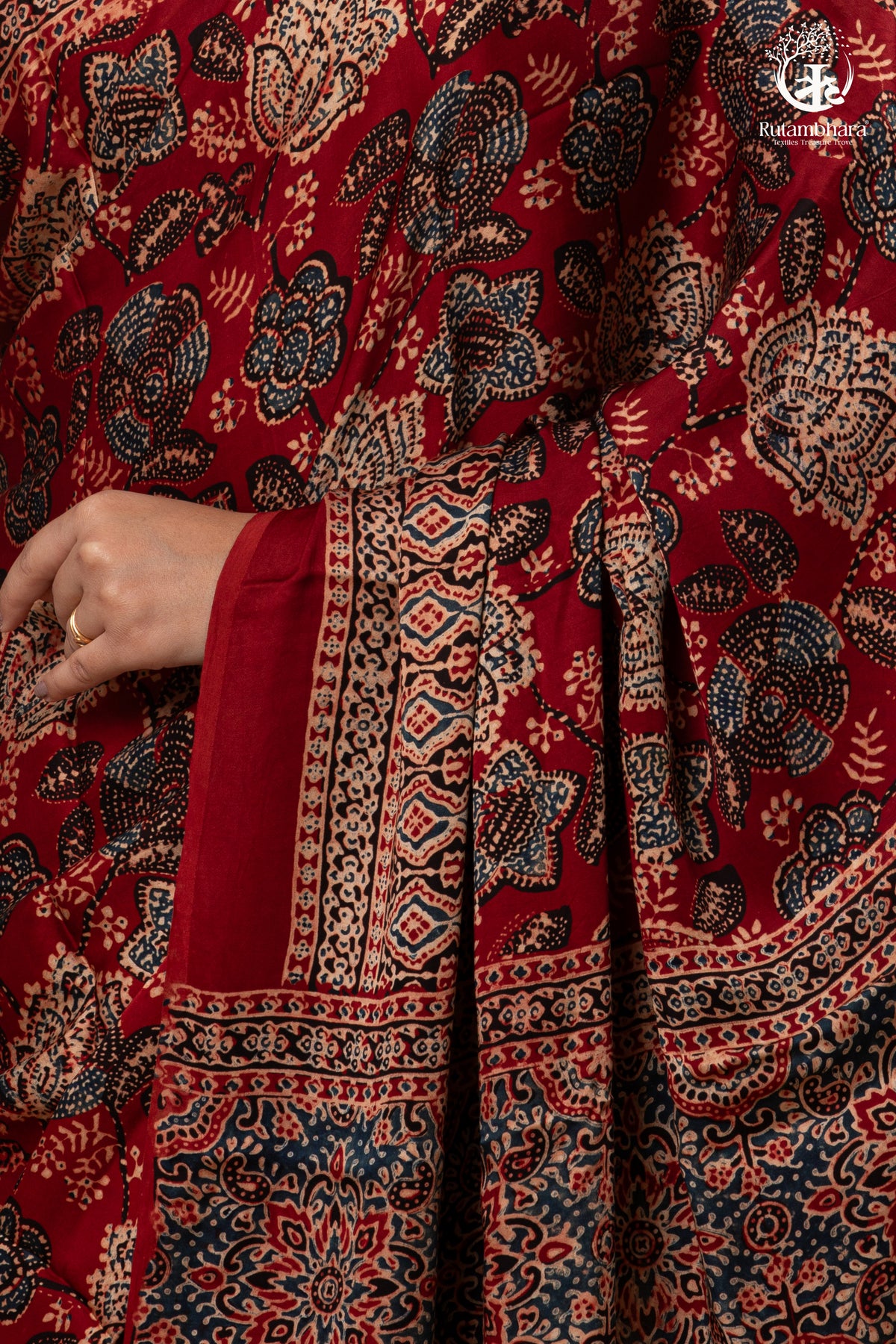 Ushraa - Regal Deep Red Maroon Ajrakh Elegance in Modal Silk