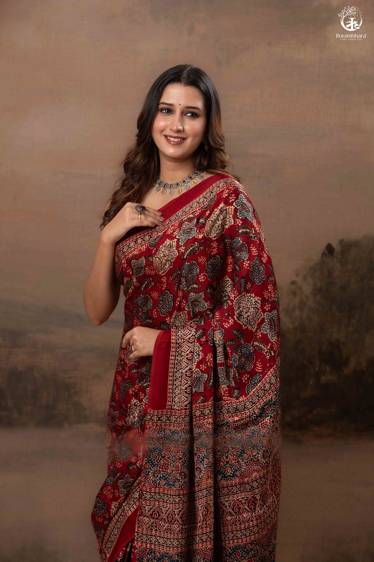 Ushraa - Regal Deep Red Maroon Ajrakh Elegance in Modal Silk