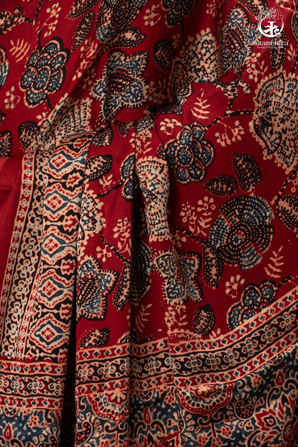 Ushraa - Regal Deep Red Maroon Ajrakh Elegance in Modal Silk