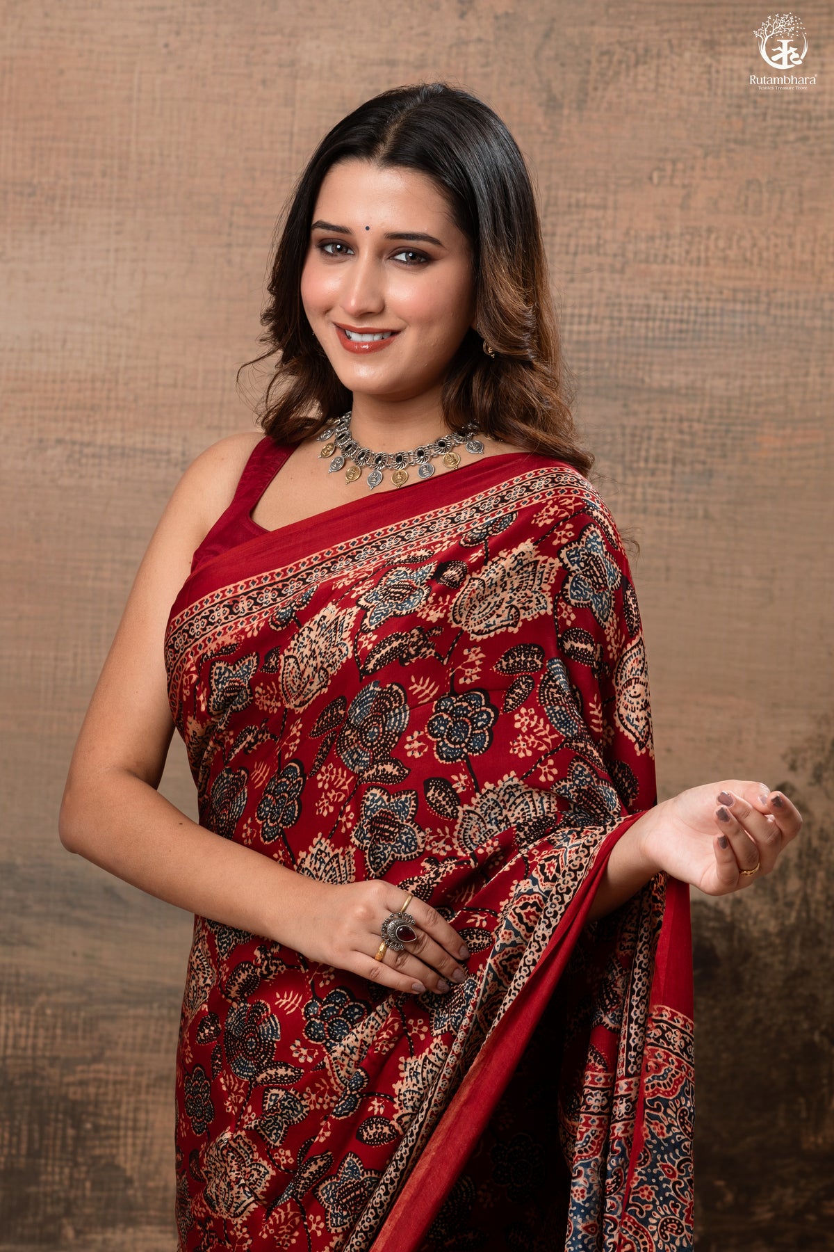 Ushraa - Regal Deep Red Maroon Ajrakh Elegance in Modal Silk