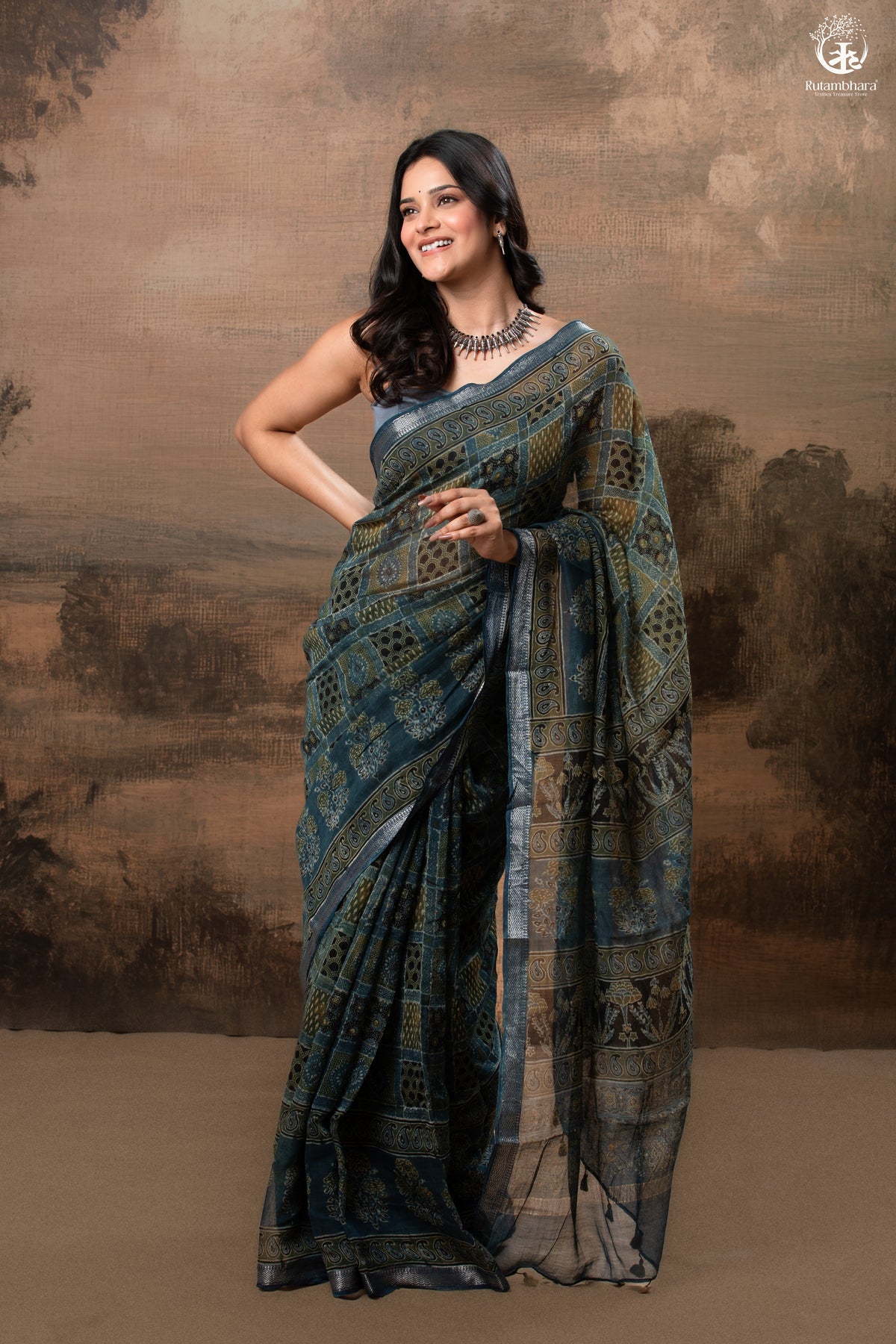 Ushraa - Mystic Teal Blue Ajrakh Charm in Cotton Silk With Zari Border