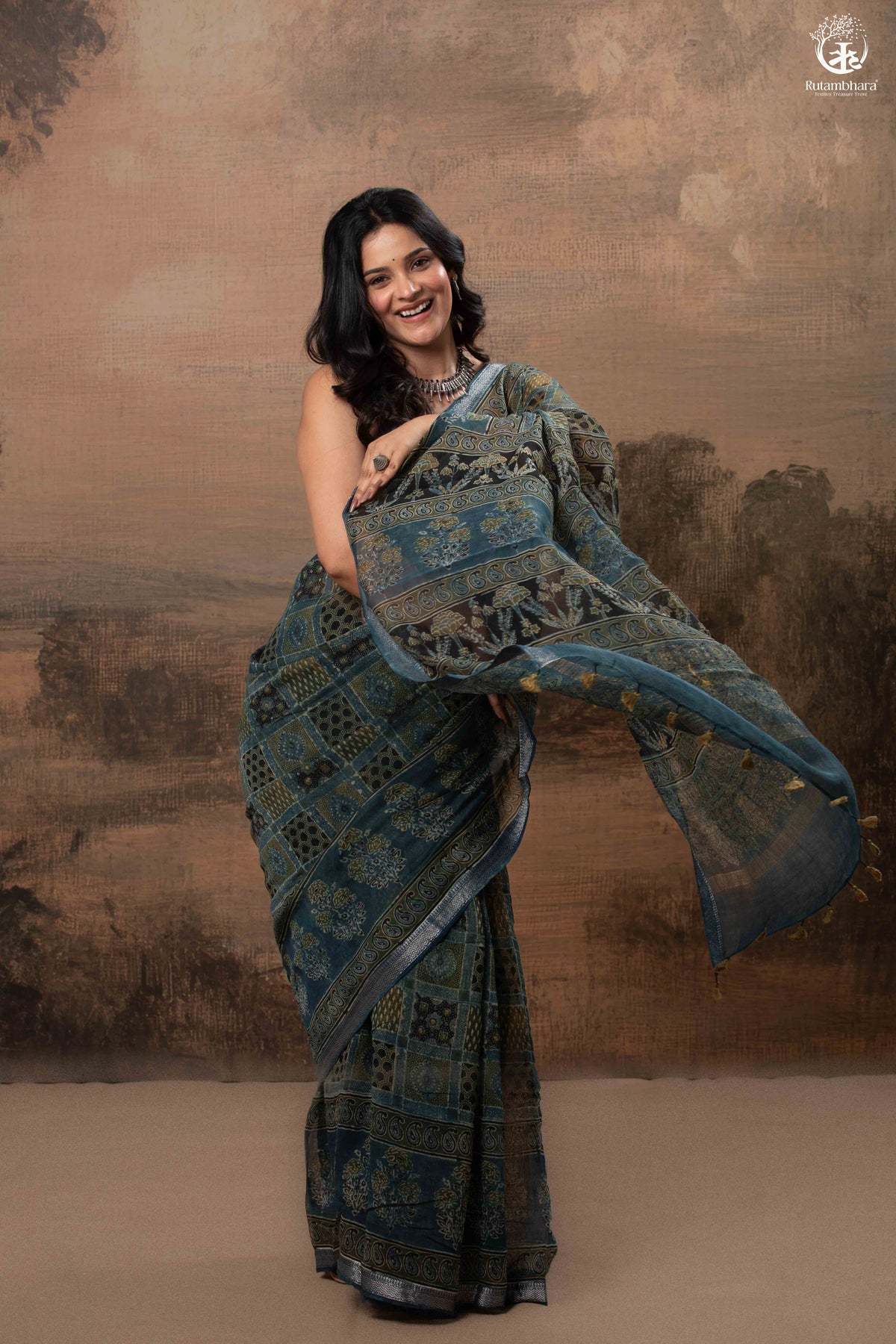 Ushraa - Mystic Teal Blue Ajrakh Charm in Cotton Silk With Zari Border