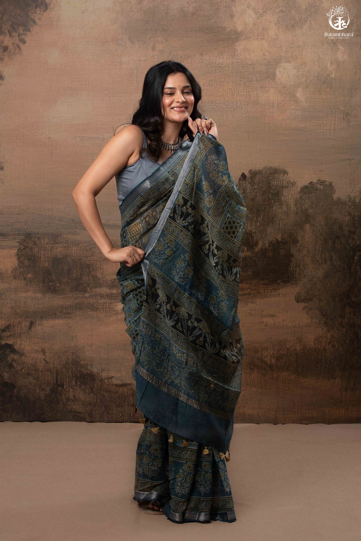 Ushraa - Mystic Teal Blue Ajrakh Charm in Cotton Silk With Zari Border