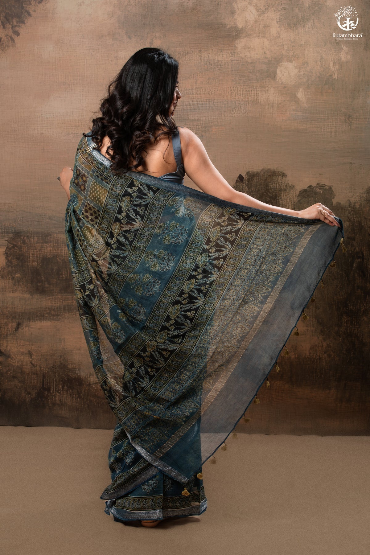 Ushraa - Mystic Teal Blue Ajrakh Charm in Cotton Silk With Zari Border