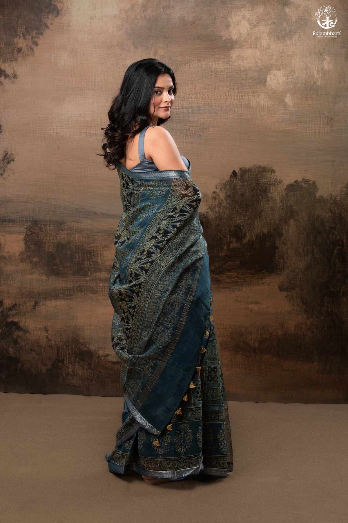 Ushraa - Mystic Teal Blue Ajrakh Charm in Cotton Silk With Zari Border