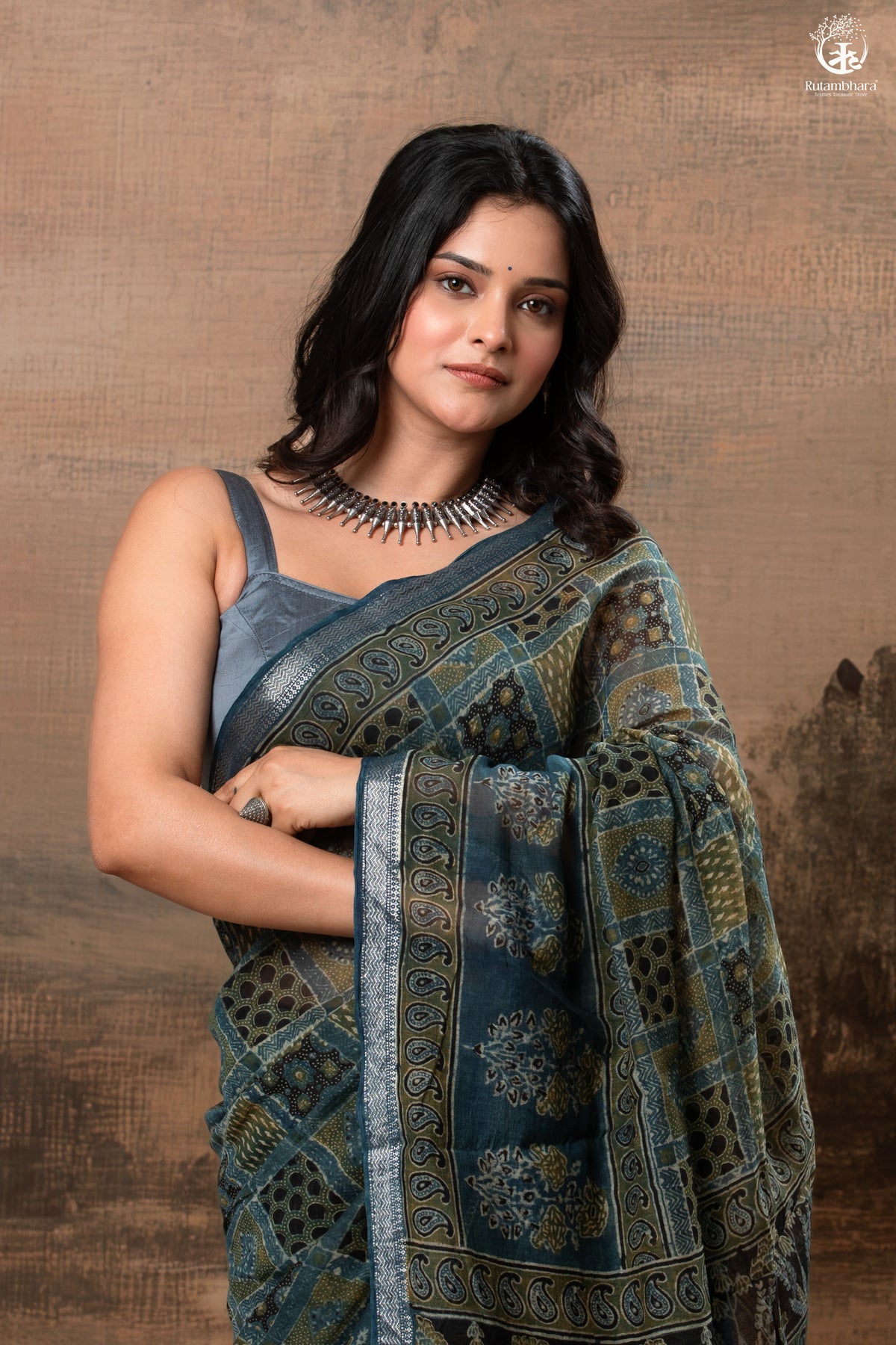 Ushraa - Mystic Teal Blue Ajrakh Charm in Cotton Silk With Zari Border