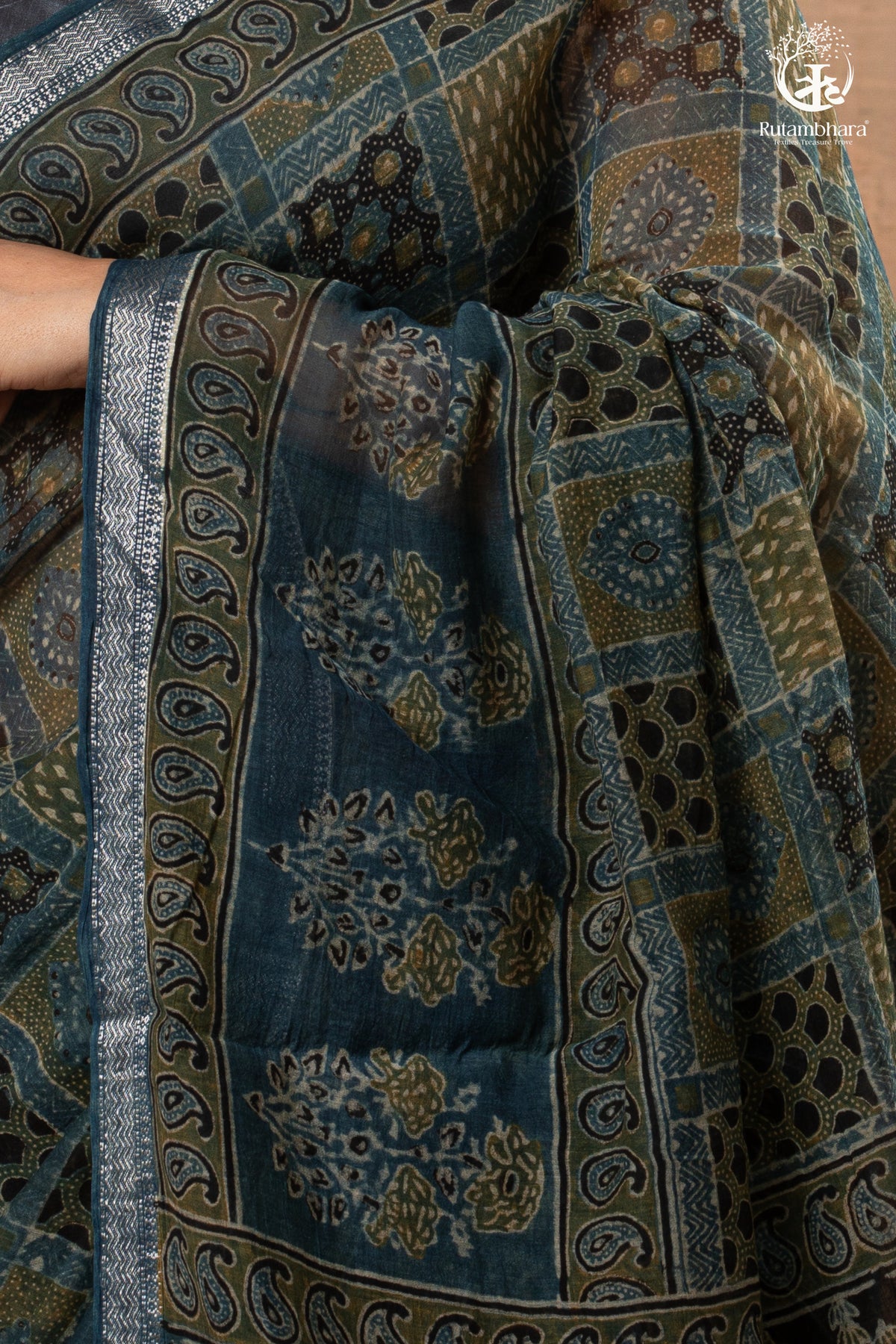 Ushraa - Mystic Teal Blue Ajrakh Charm in Cotton Silk With Zari Border