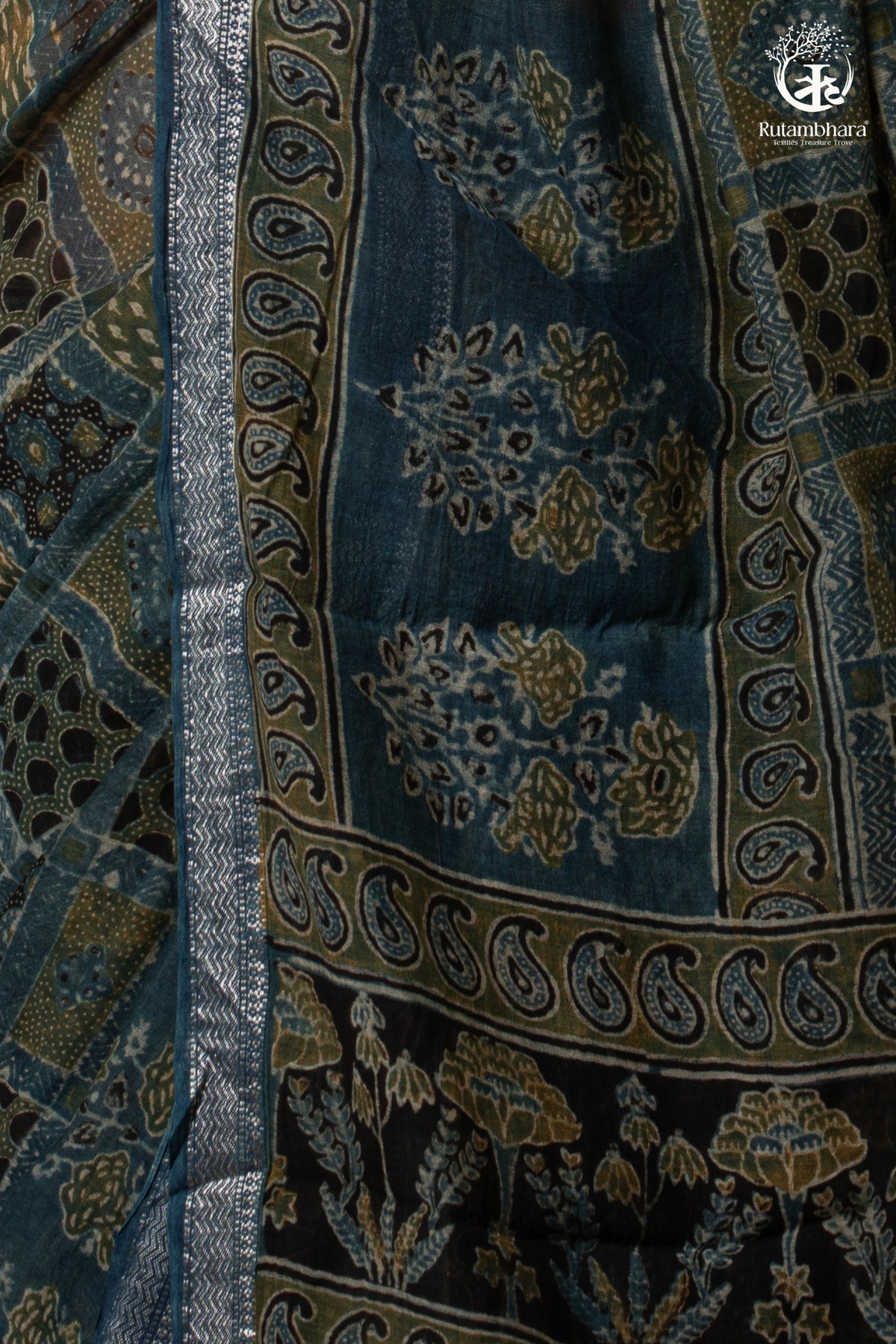 Ushraa - Mystic Teal Blue Ajrakh Charm in Cotton Silk With Zari Border