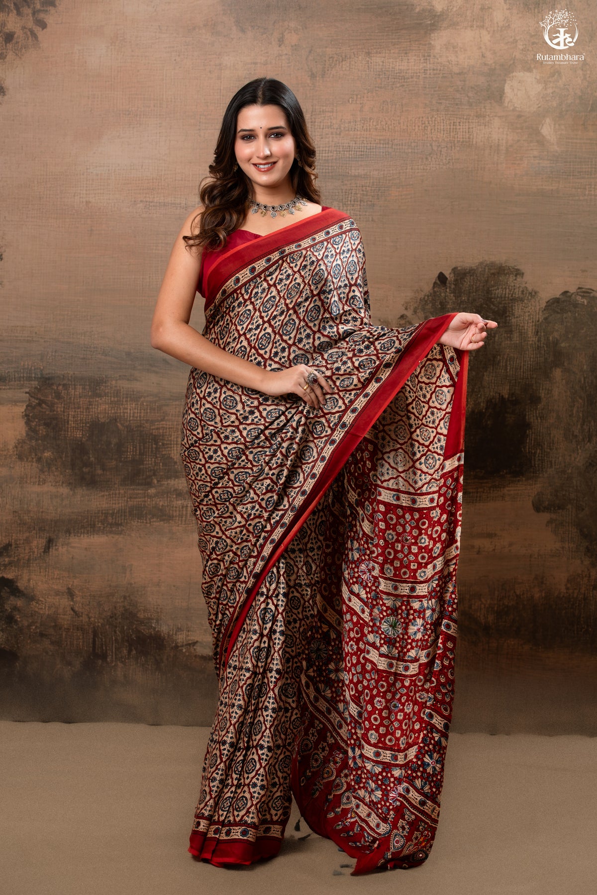 Ushraa - Deep Red Ajrakh Modal Silk Saree With Hand-Embroidered Pallu