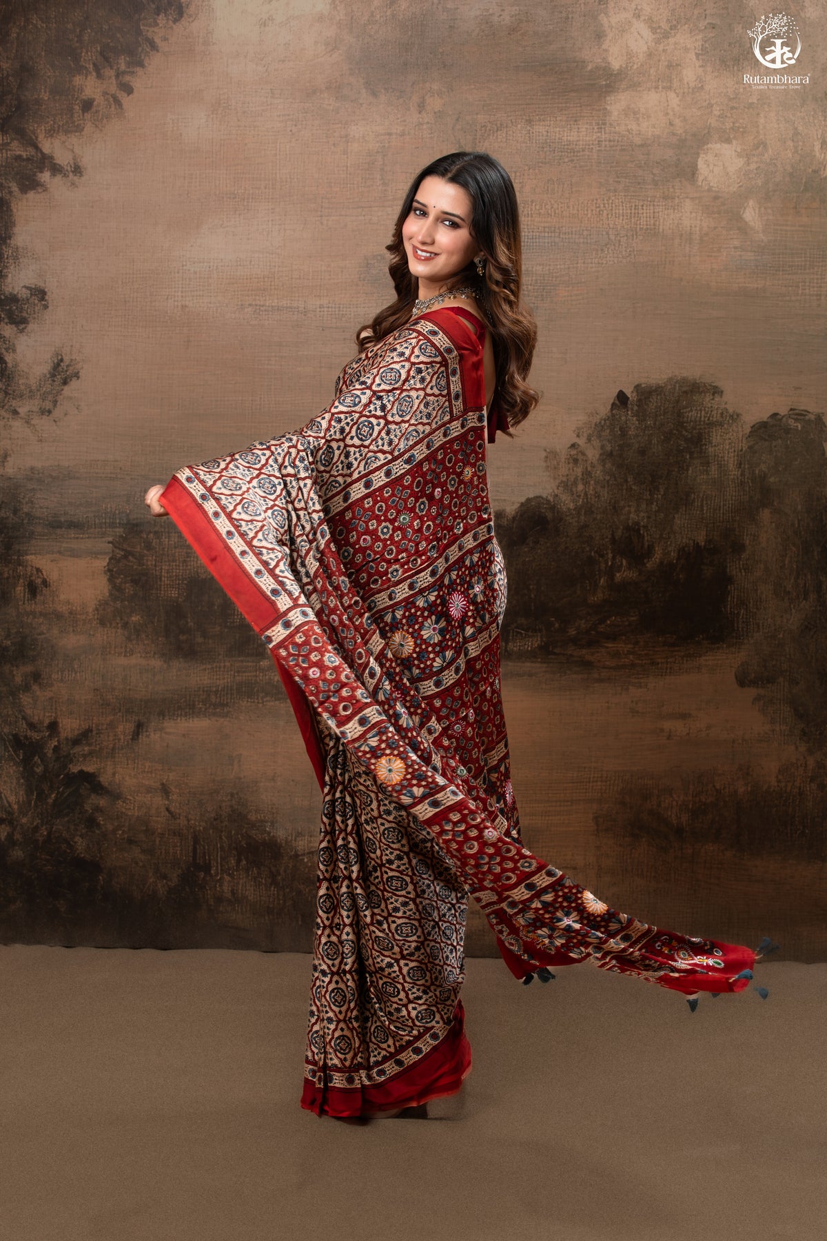 Ushraa - Deep Red Ajrakh Modal Silk Saree With Hand-Embroidered Pallu