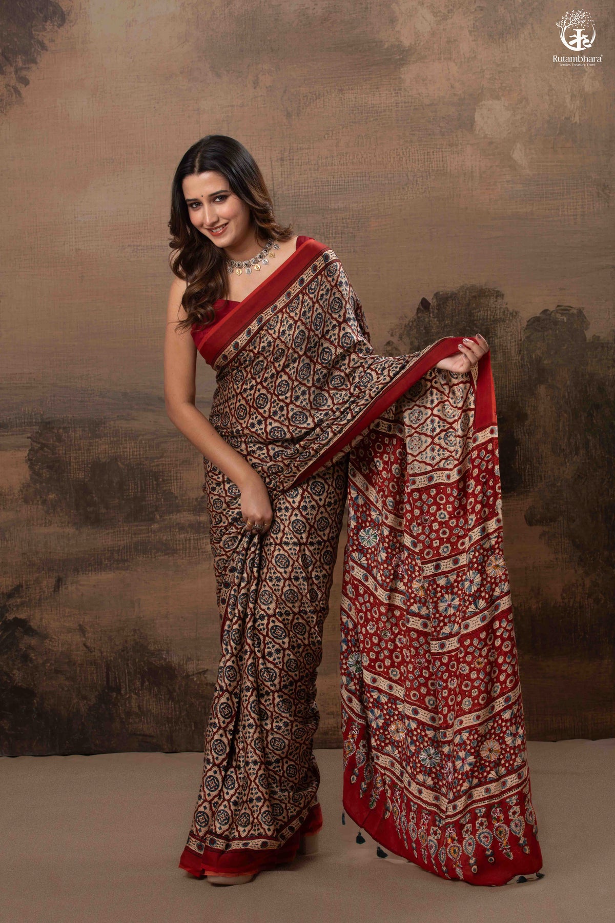 Ushraa - Deep Red Ajrakh Modal Silk Saree With Hand-Embroidered Pallu