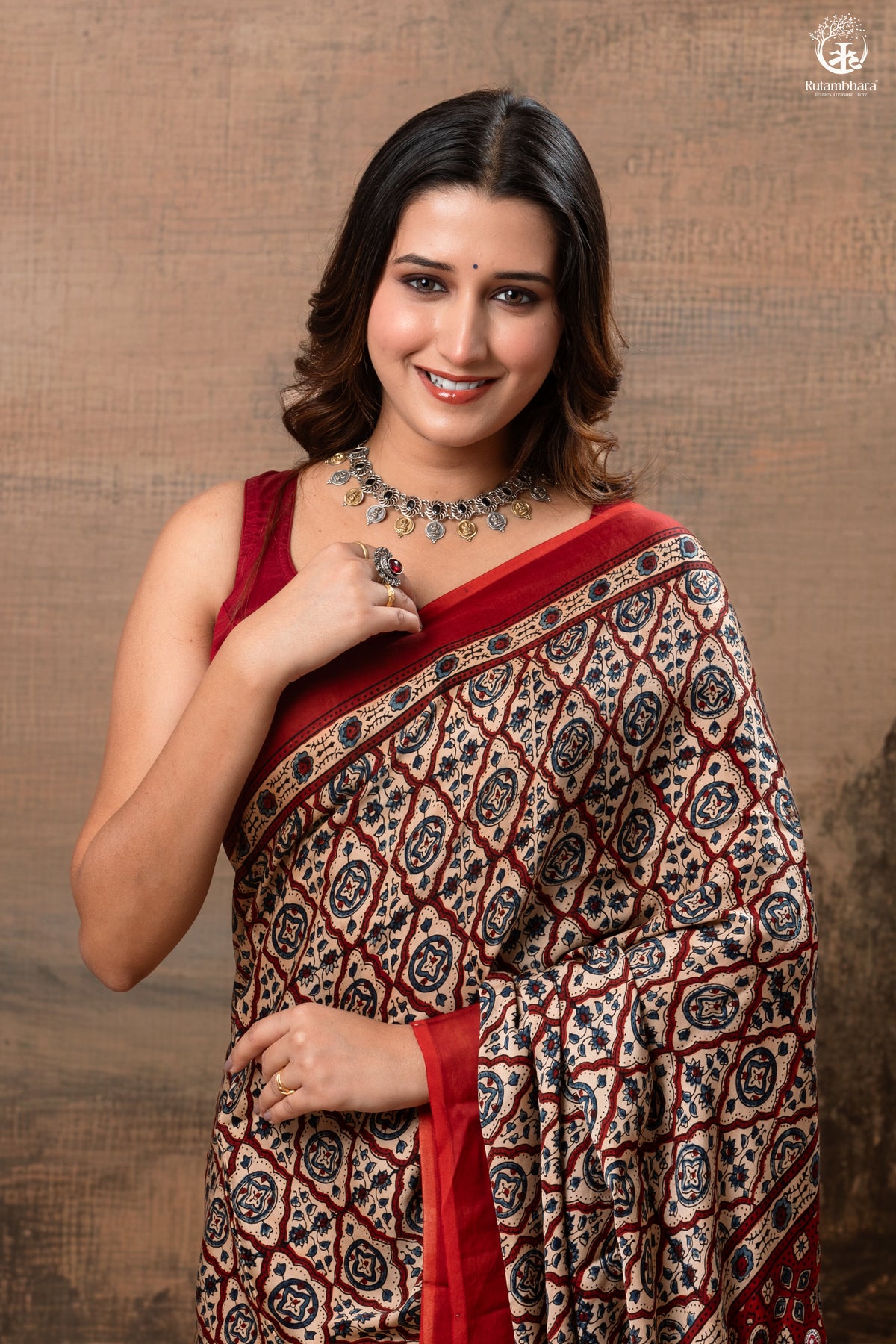 Ushraa - Deep Red Ajrakh Modal Silk Saree With Hand-Embroidered Pallu