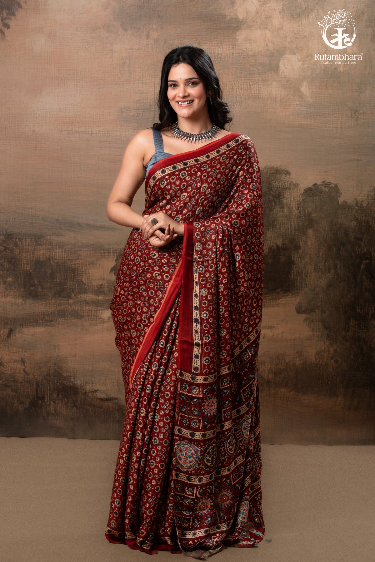 Ushraa - Red Maroon Ajrakh Handblock Printed Saree with Hand-Embroidered Pallu