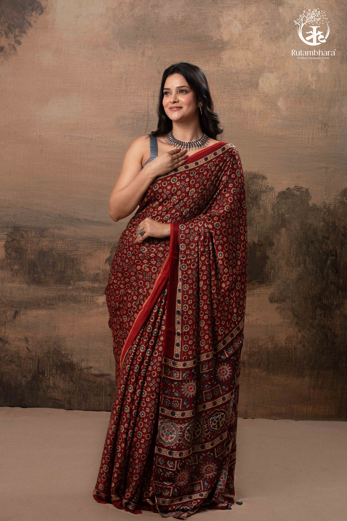 Ushraa - Red Maroon Ajrakh Handblock Printed Saree with Hand-Embroidered Pallu