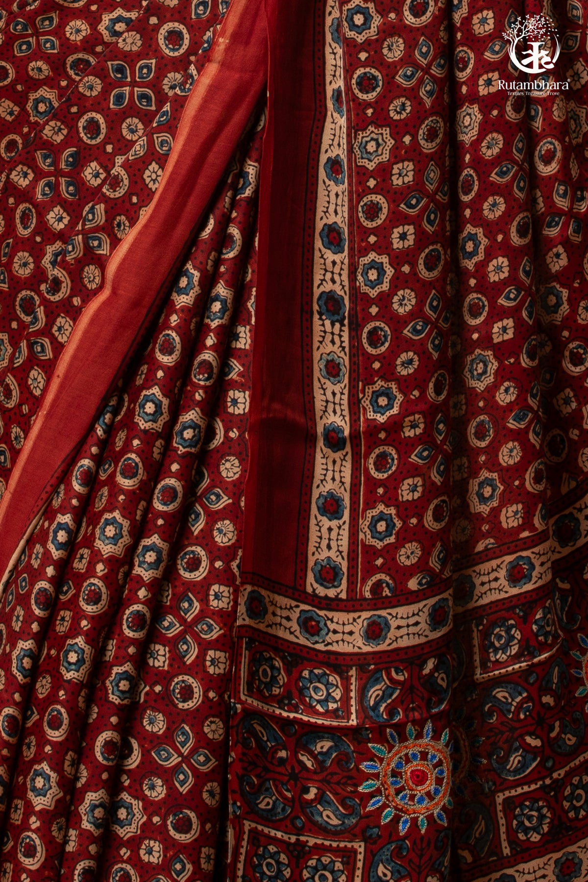 Ushraa - Red Maroon Ajrakh Handblock Printed Saree with Hand-Embroidered Pallu