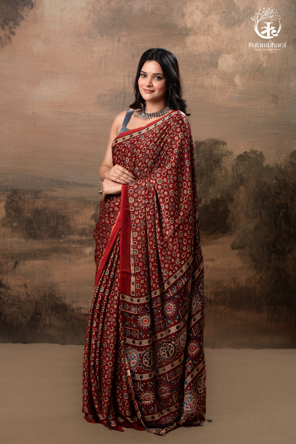Ushraa - Red Maroon Ajrakh Handblock Printed Saree with Hand-Embroidered Pallu