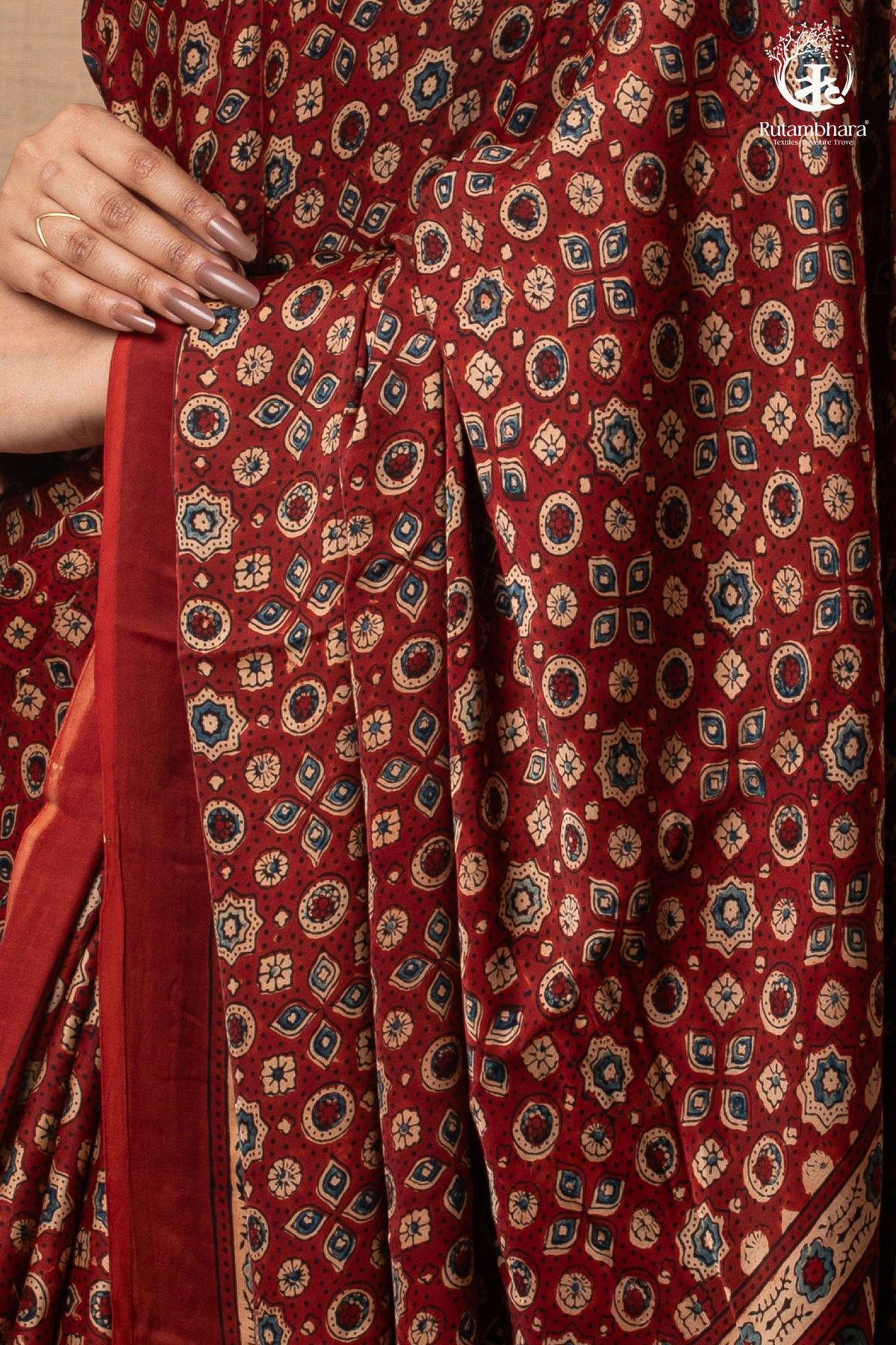 Ushraa - Red Maroon Ajrakh Handblock Printed Saree with Hand-Embroidered Pallu