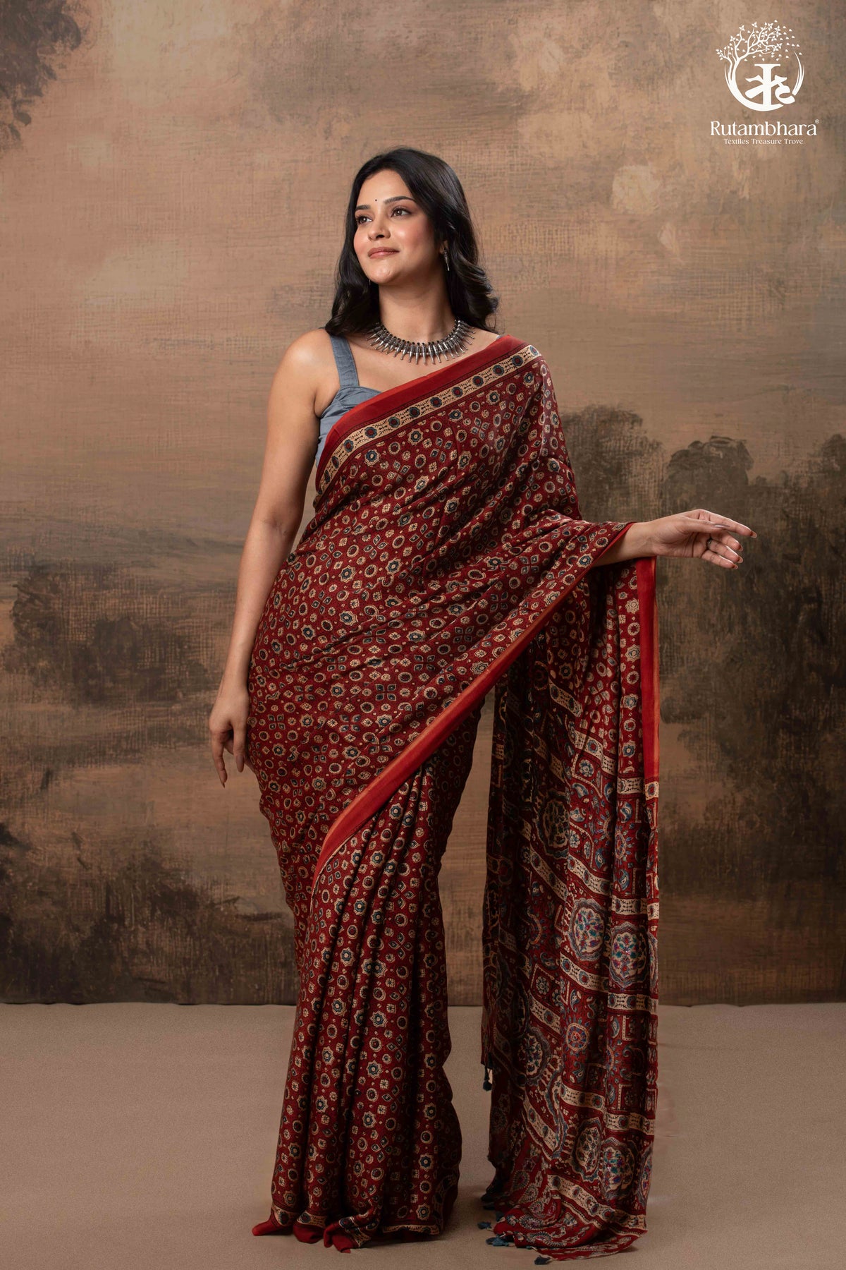 Ushraa - Red Maroon Ajrakh Handblock Printed Saree with Hand-Embroidered Pallu