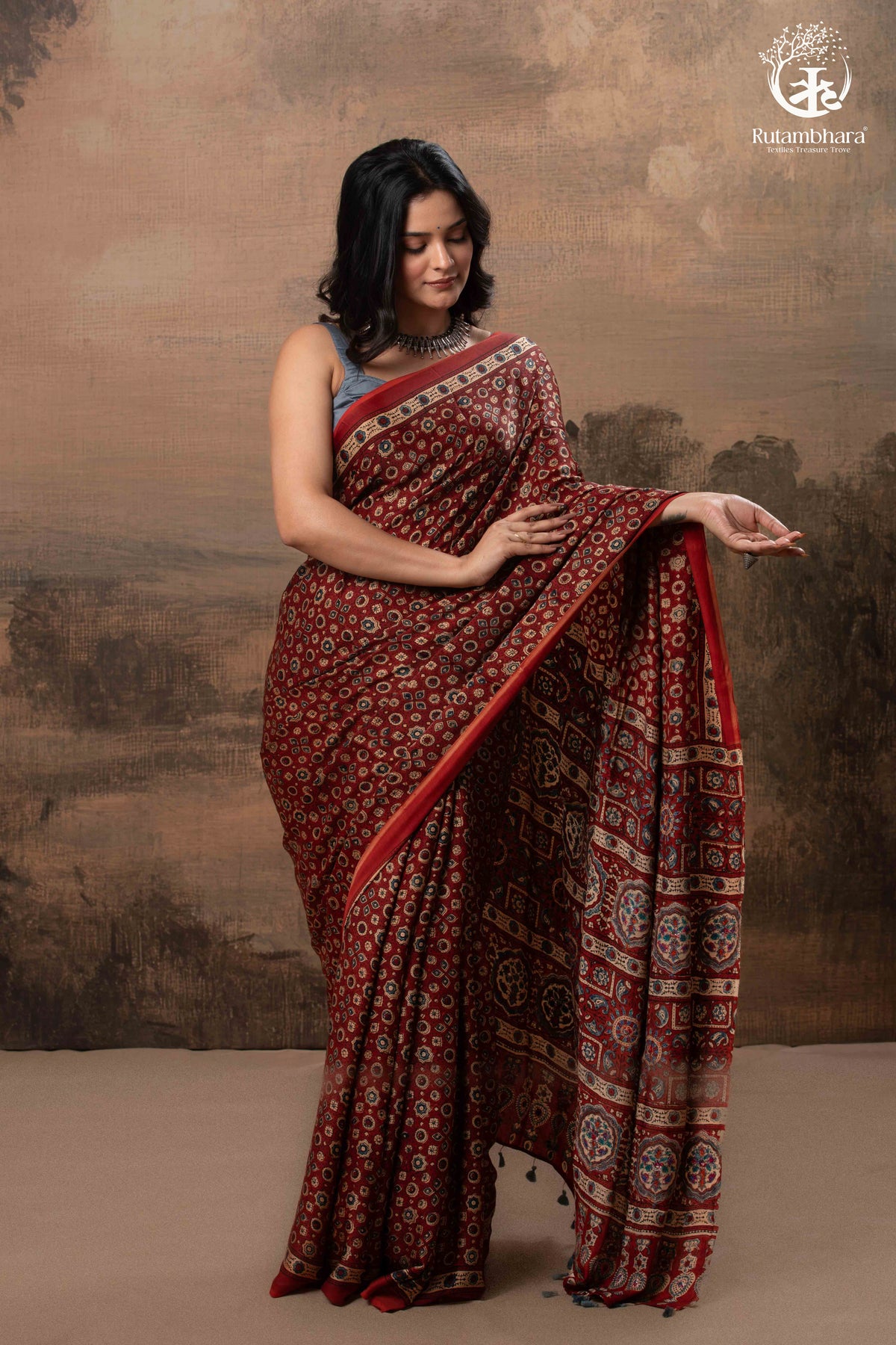 Ushraa - Red Maroon Ajrakh Handblock Printed Saree with Hand-Embroidered Pallu