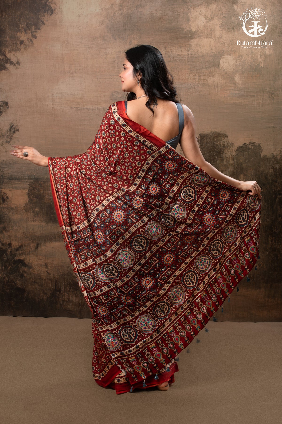 Ushraa - Red Maroon Ajrakh Handblock Printed Saree with Hand-Embroidered Pallu