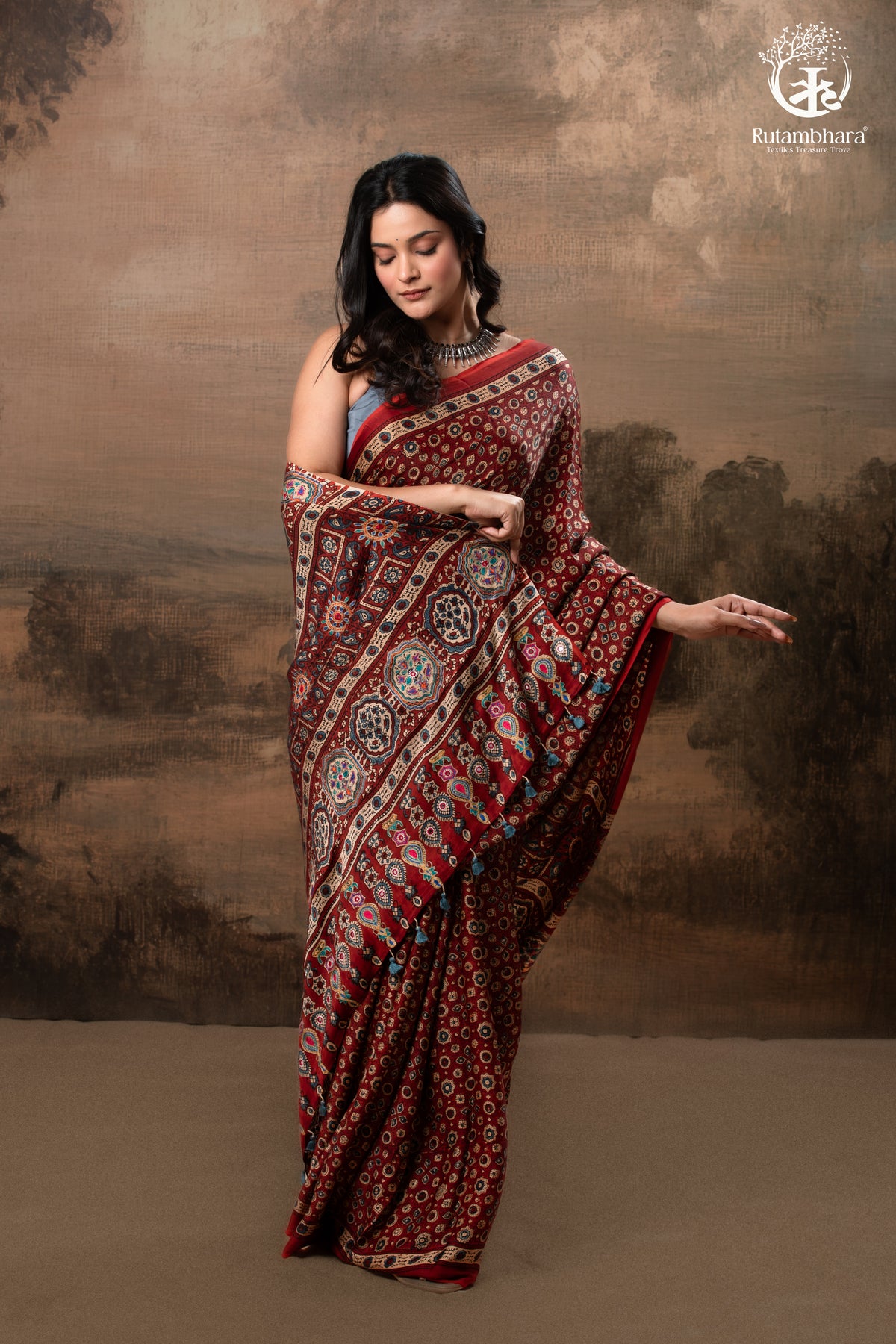 Ushraa - Red Maroon Ajrakh Handblock Printed Saree with Hand-Embroidered Pallu