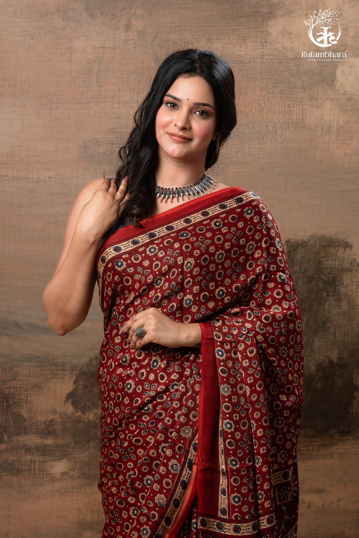 Ushraa - Red Maroon Ajrakh Handblock Printed Saree with Hand-Embroidered Pallu