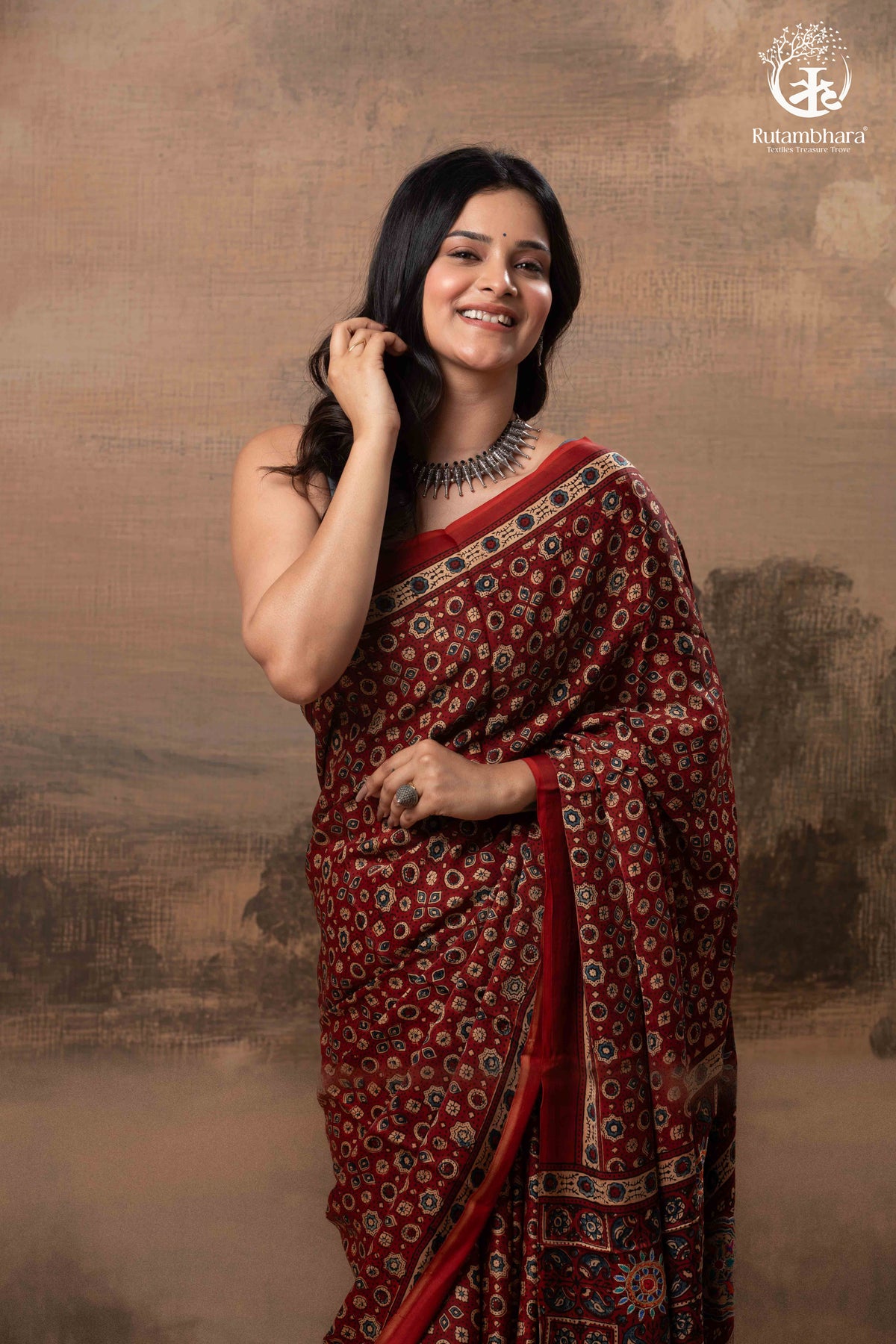 Ushraa - Red Maroon Ajrakh Handblock Printed Saree with Hand-Embroidered Pallu