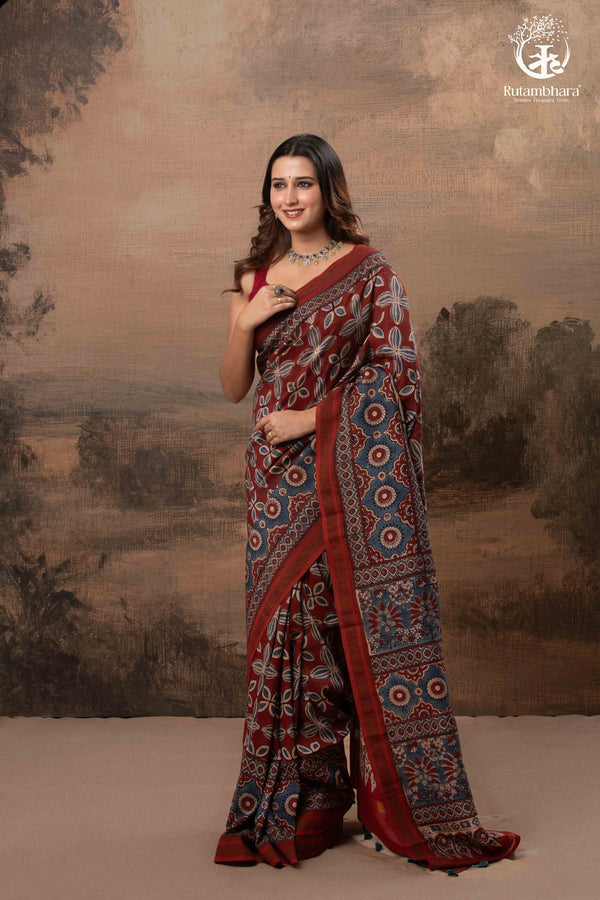 Ushraa - Red & Indigo Symphony – Ajrakh Print With Gold Zari Border-RUTAMBHARA-RUTAMBHARA