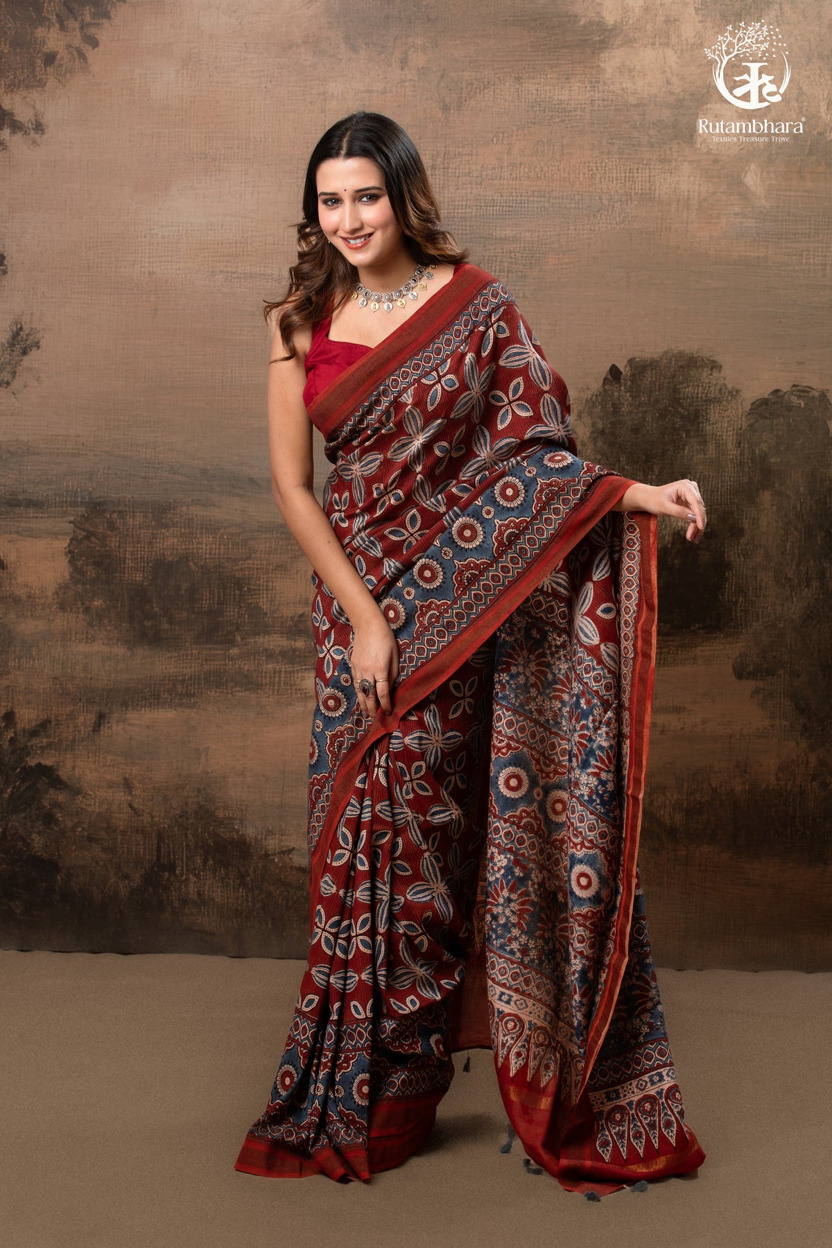 Ushraa - Red & Indigo Symphony – Ajrakh Print With Gold Zari Border