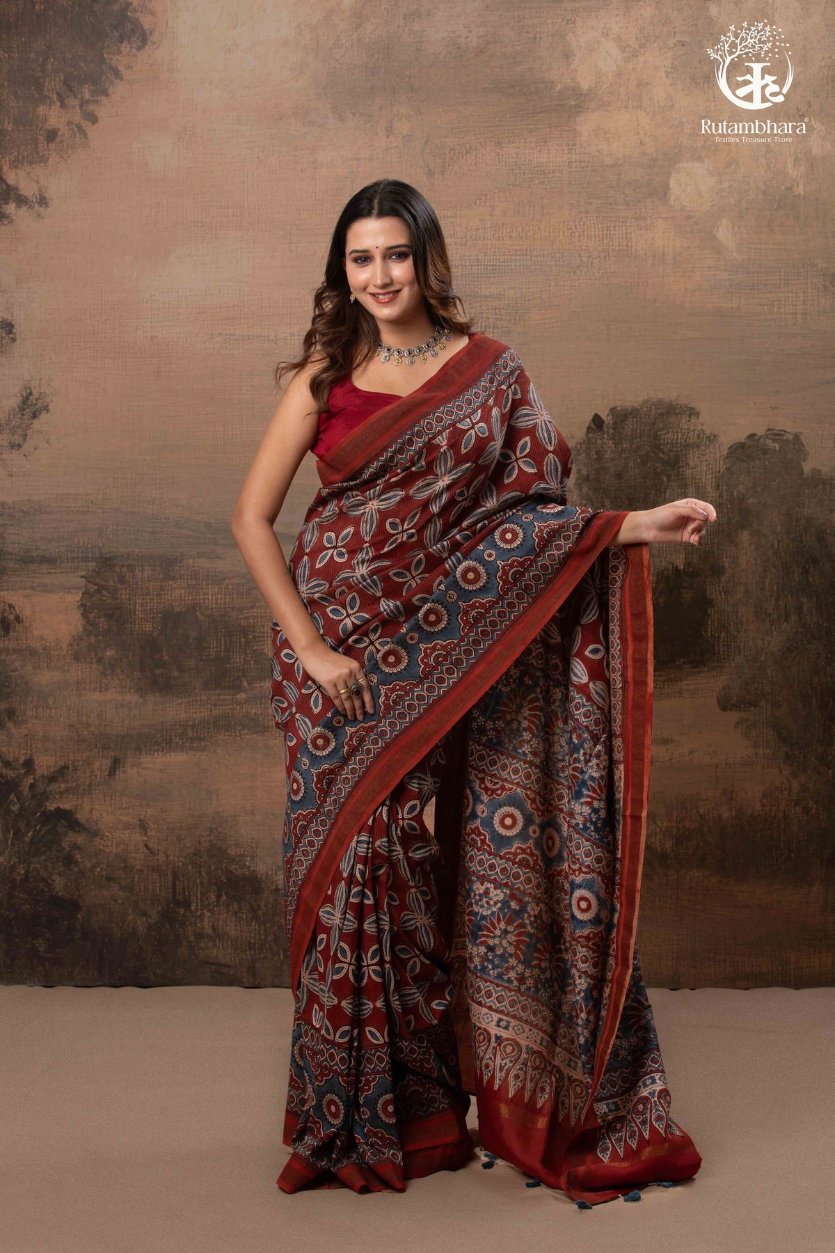 Ushraa - Red & Indigo Symphony – Ajrakh Print With Gold Zari Border