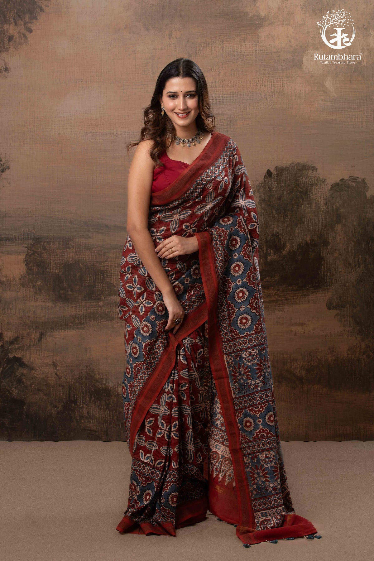 Ushraa - Red & Indigo Symphony – Ajrakh Print With Gold Zari Border