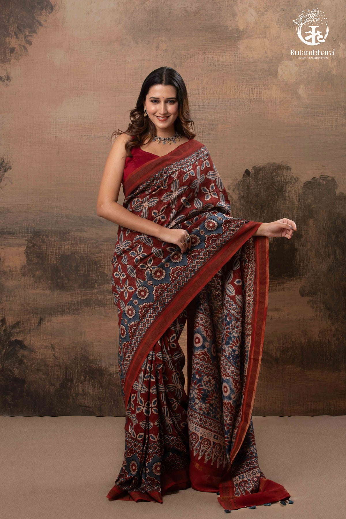 Ushraa - Red & Indigo Symphony – Ajrakh Print With Gold Zari Border