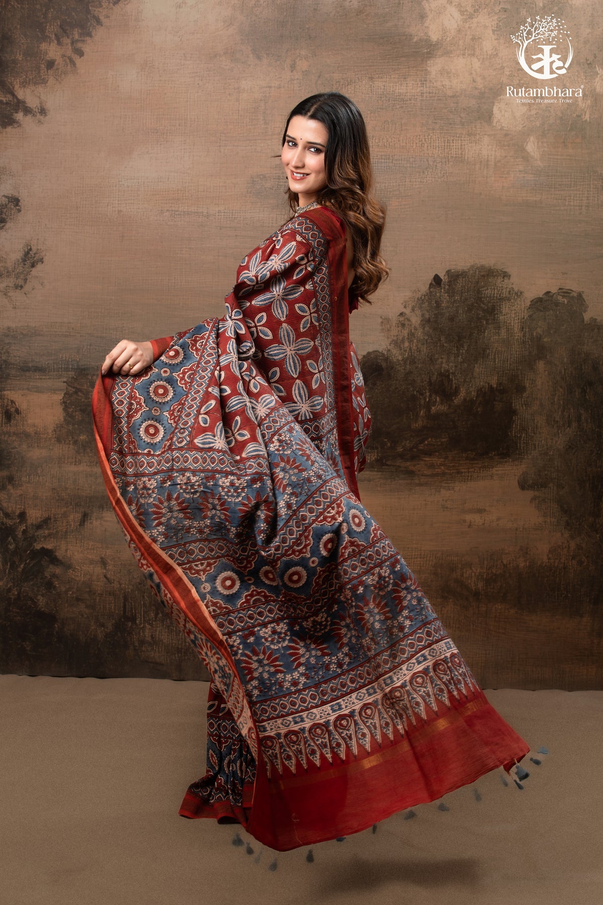 Ushraa - Red & Indigo Symphony – Ajrakh Print With Gold Zari Border