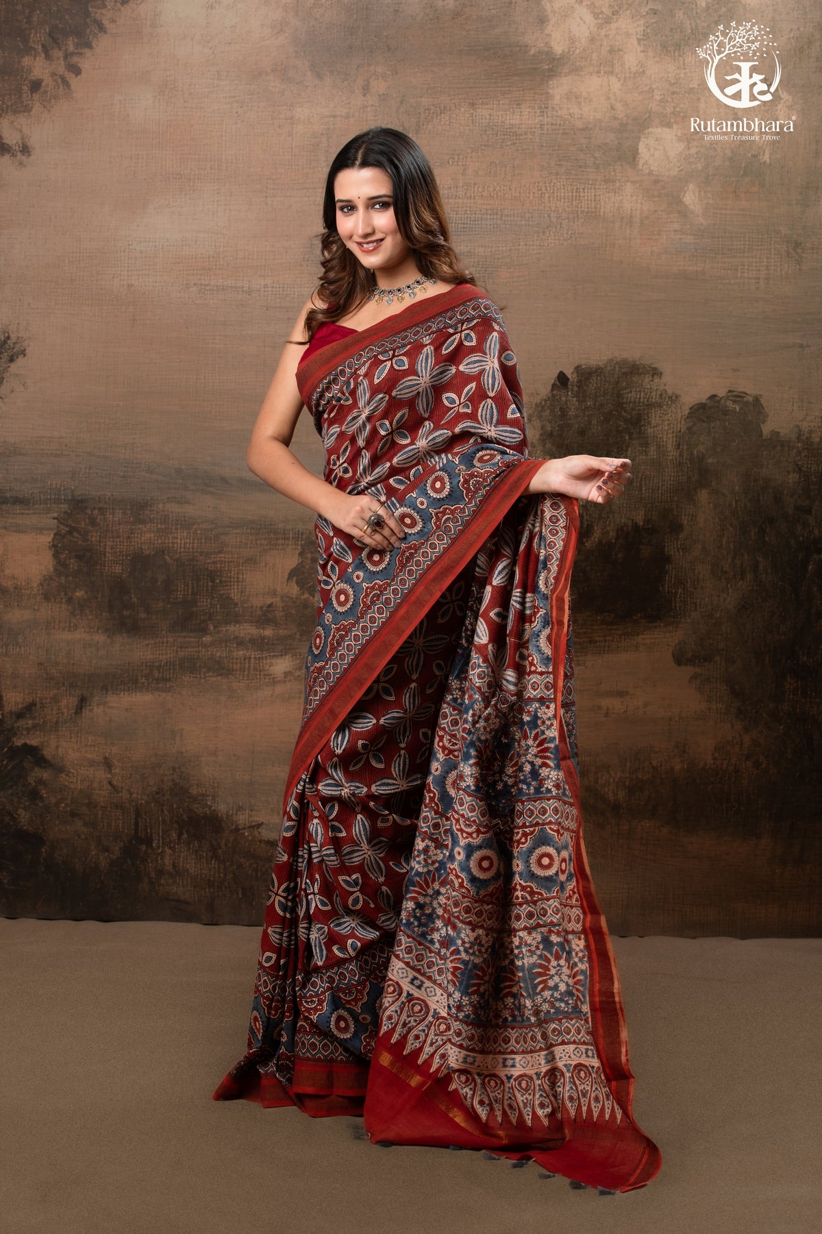 Ushraa - Red & Indigo Symphony – Ajrakh Print With Gold Zari Border