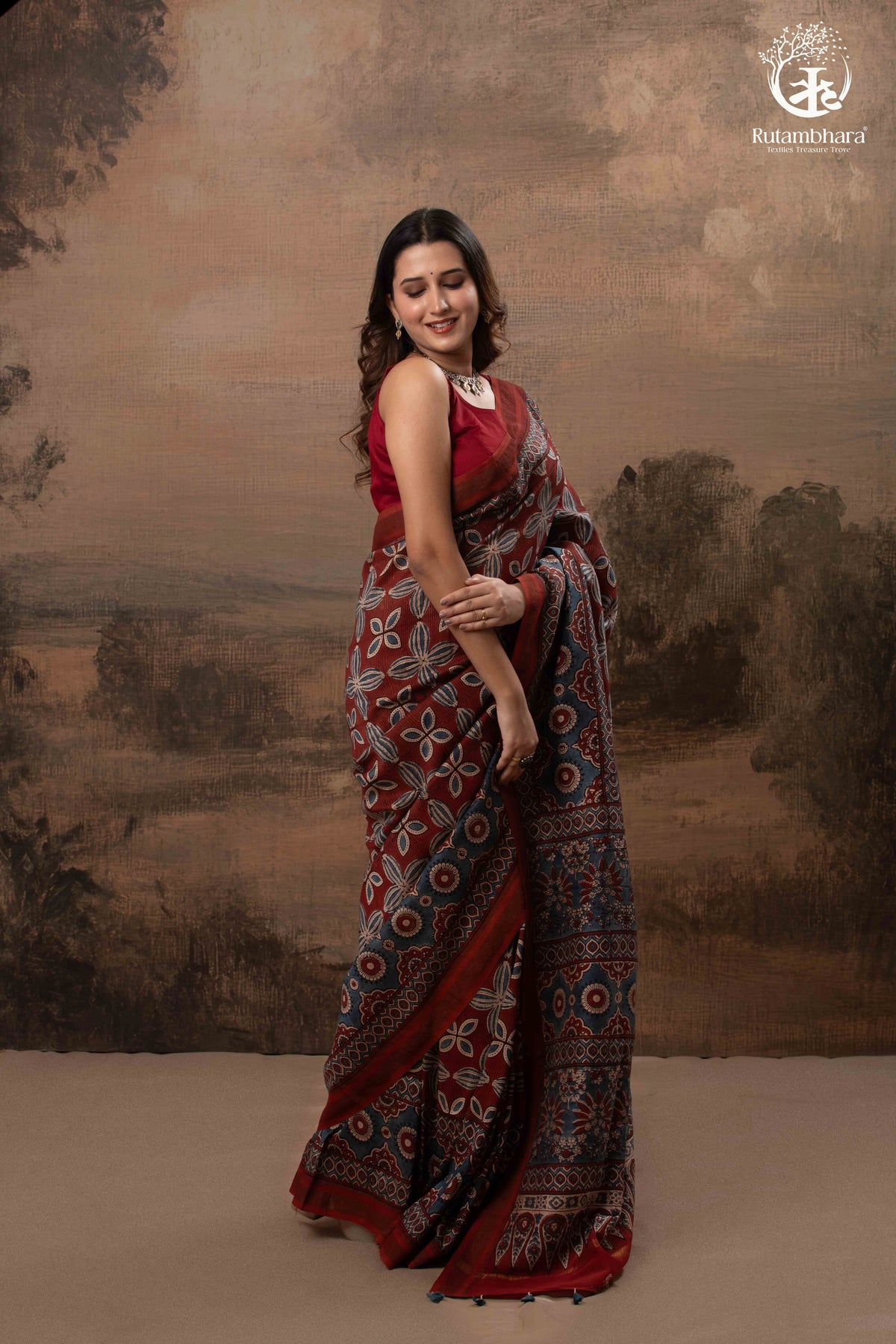 Ushraa - Red & Indigo Symphony – Ajrakh Print With Gold Zari Border