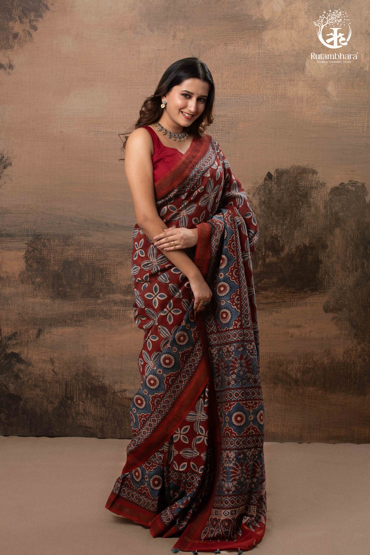 Ushraa - Red & Indigo Symphony – Ajrakh Print With Gold Zari Border